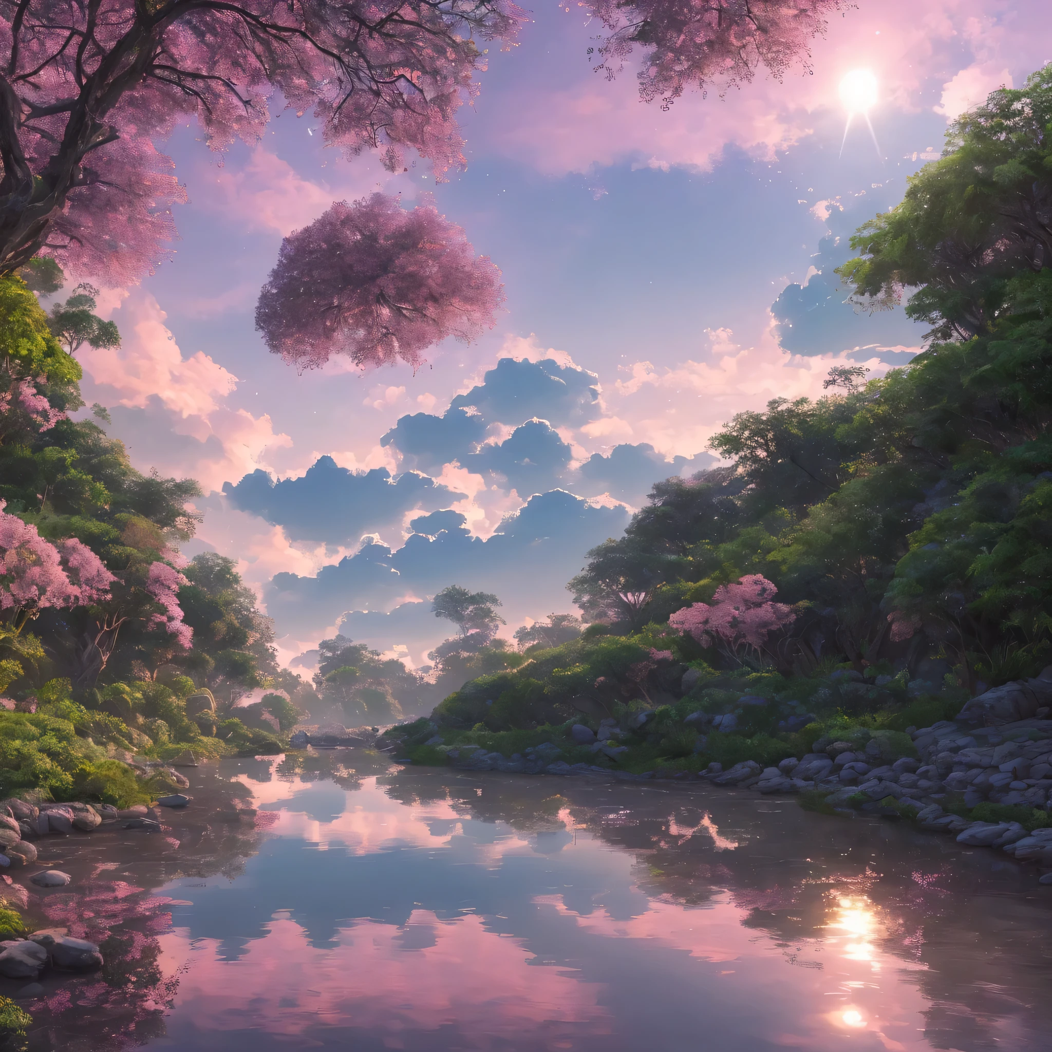 Illustration of a hyperrealist , sobrenatural, Ultrasky Internship,Very detailed and magical pink lighting, Vegetation and river around, solarpunk ,paisagem, Beautiful foliage with beautiful lighting and realistic proportions, como se fosse um set de filmagem, 8k, mais alta qualidade, obra de arte, Clouds and stars in the sky.