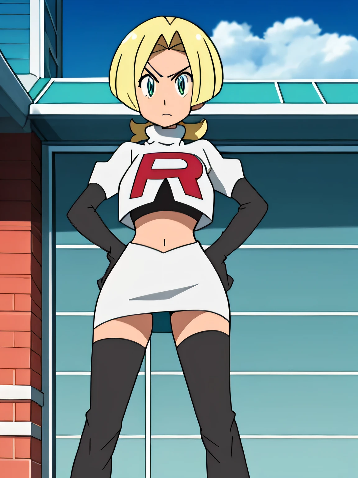 1girl in, Solo, masutepiece, nffsw、Shaders、Brilliant Textured Work、(Evil Organizations:1.5)、(Evil Female Executive:1.2)、a blond、drills twintails、(Black School Uniform:1.3)、(Thin sheer miniskirt:1.3)、Black leather gloves、Jagged teeth、large full breasts、put hands on the hip, Looking here、Hanging、sharp eye、ruby eyes、radiant eyes、Sanpaku eyes、Evil glare, Navel、hand on hip,、Lolita、On the roof of a building、team rocket uniform, red letter r, white skirt,white crop top,black thigh-high boots, black elbow gloves, glaring angrily, looking at viewer, hands on hips, full body seen