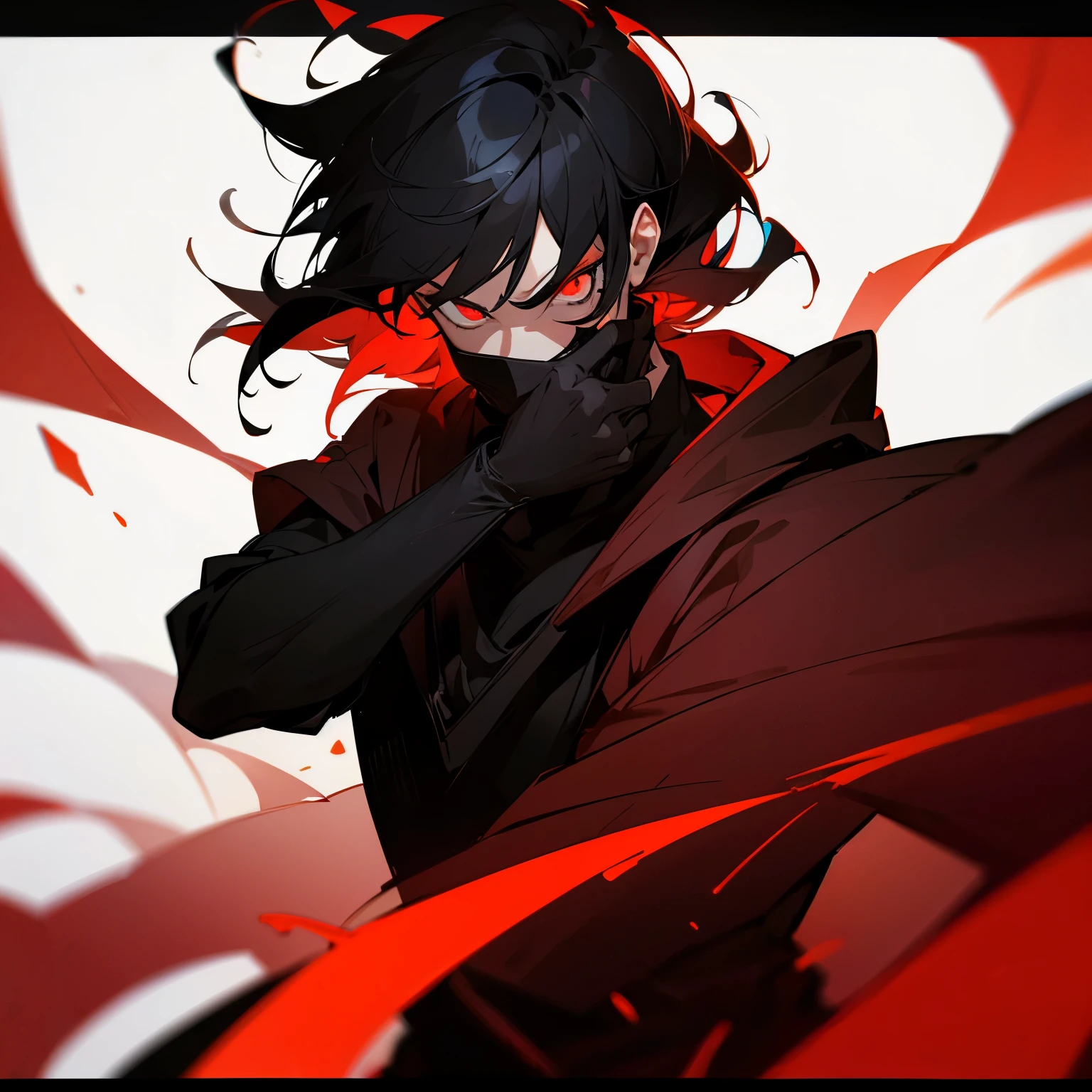 A man with a menacing glowing red eye, covering your mouth with your arm, jovem, medium black hair 