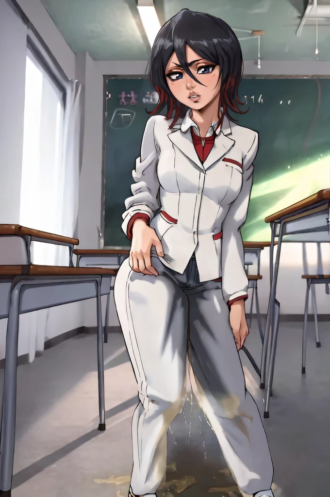 highres, beautiful women, (((mature))), standing back, perfect ass, high detail, good lighting, lewd, hentai, (no nudity), ((( white suit, open jacket, office lady, suit, pants))), (((vans shoes))), bare midriff, ((wet crotch)), (((peeing herself))), (((wetting herself))), pee streaming down legs, peeing stain, (puddle), (thick thighs), nice long legs, lipstick, detailed face, pretty face, flirty face, ((legs spread)), ((standing in the back of chalkboard )), , cute face, detailed eyes, (((blushing))), school, classroom, (((teacher:1.3)))