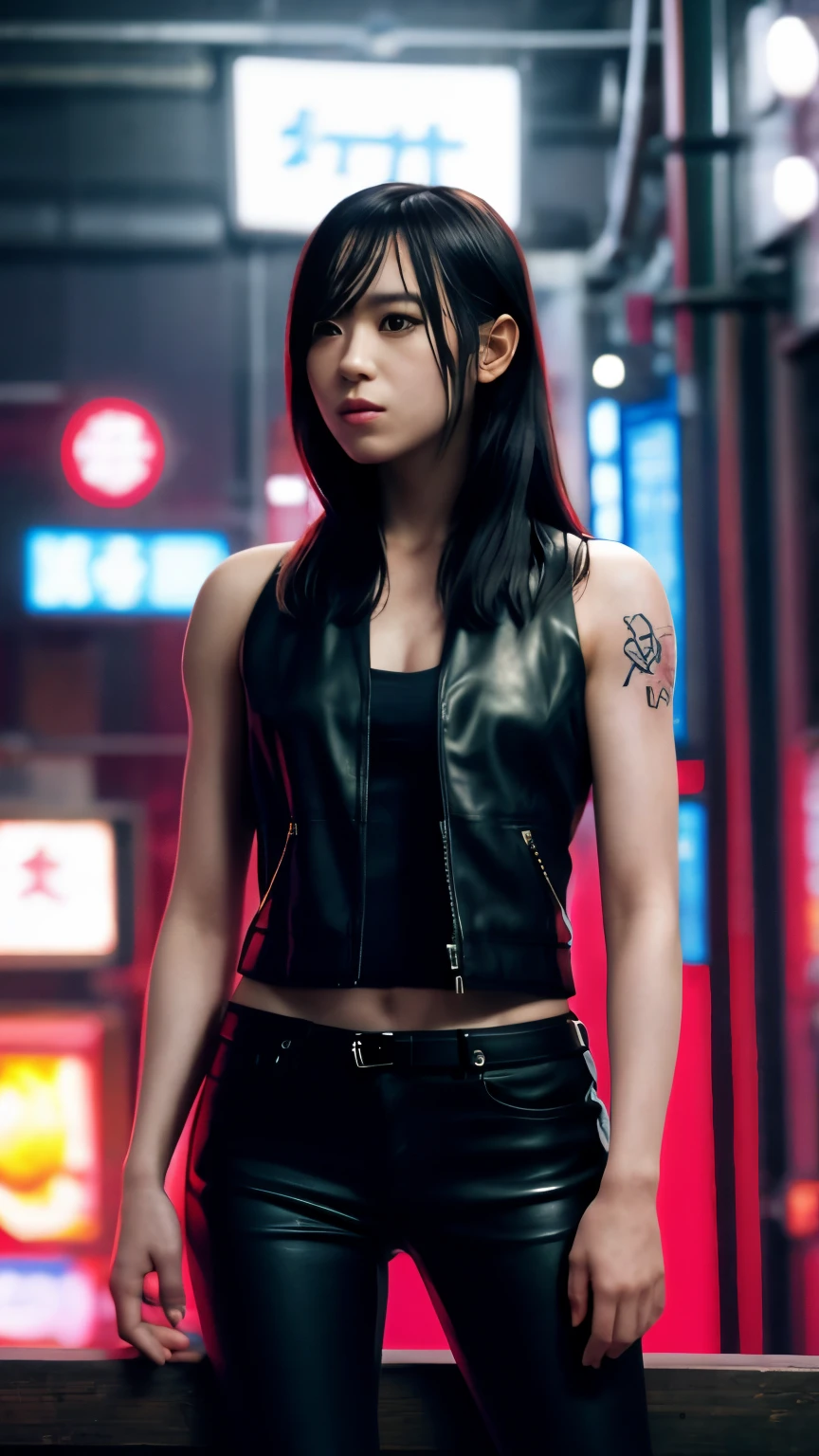 highest quality，masterpiece，Super detailed，8K, UHD，Beautiful woman，japanese woman，Expressionless，(Topless)，whole body，((tattoo))，slim，black leather pants，black leather vest，(female mafia)，gangster，(cyberpunk city)，night，cinematic lightening，movie poster，underworld