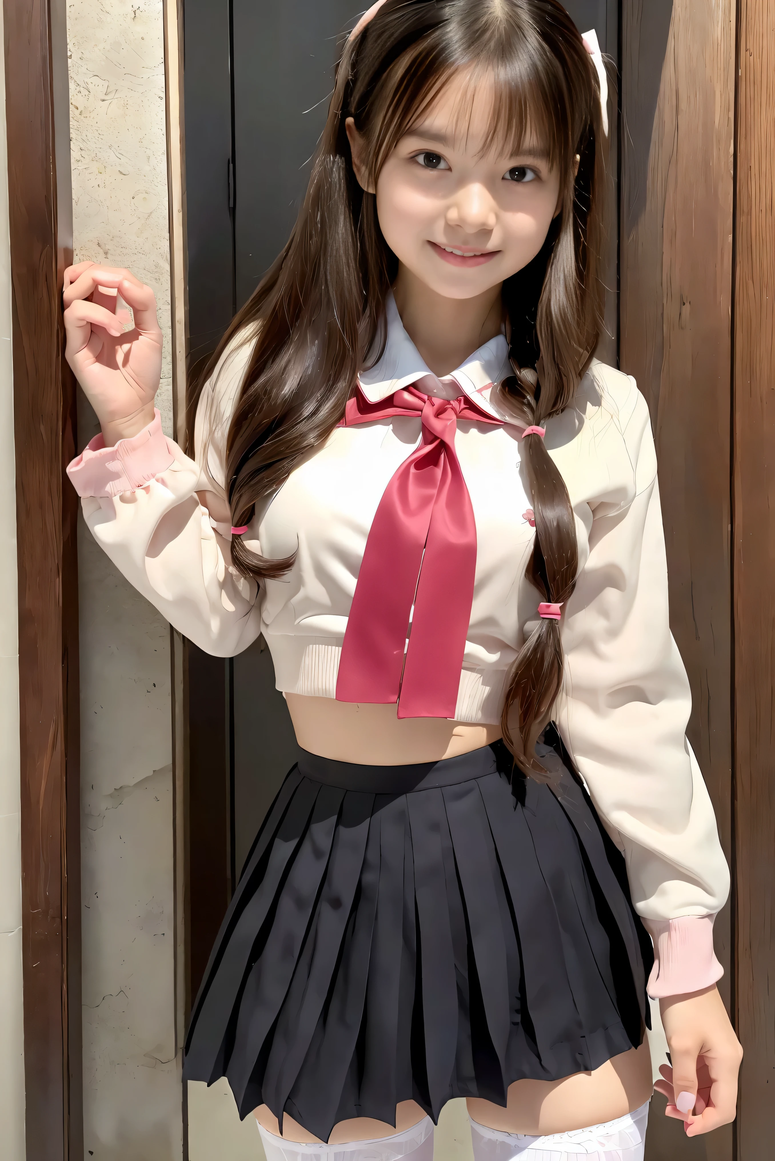 (Best Quality,4K,High resolution:1.2), Ultra-detailed, Realistic portrait, Best Quality, (outside japanese high school), (passionate scene),one very young looking high school girl, (intense emotion), (innocent look, pink ,white and black school uniform), ((stockings, cute face, standing, full body)), (perfect long legs, high waist mini pleated skirt, tight shirt), large brown eyes, long black hair, pigtails, cute smile, rose cheeks, muscular abs tiny body, tiny waist, bows and ribbons in hair