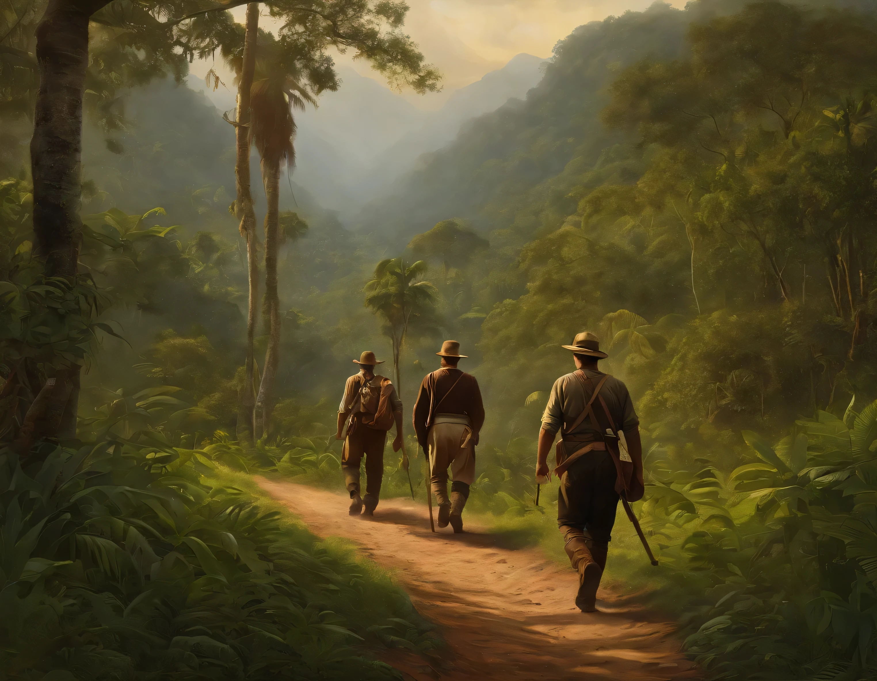 a German settler walking through the jungle, seguindo uma trilha escondida. The camera must be positioned behind the team, olhando por cima dos ombros. A cena deve ser de suspense, with the sounds of the jungle and the team's footsteps creating a sense of anticipation. oil painting