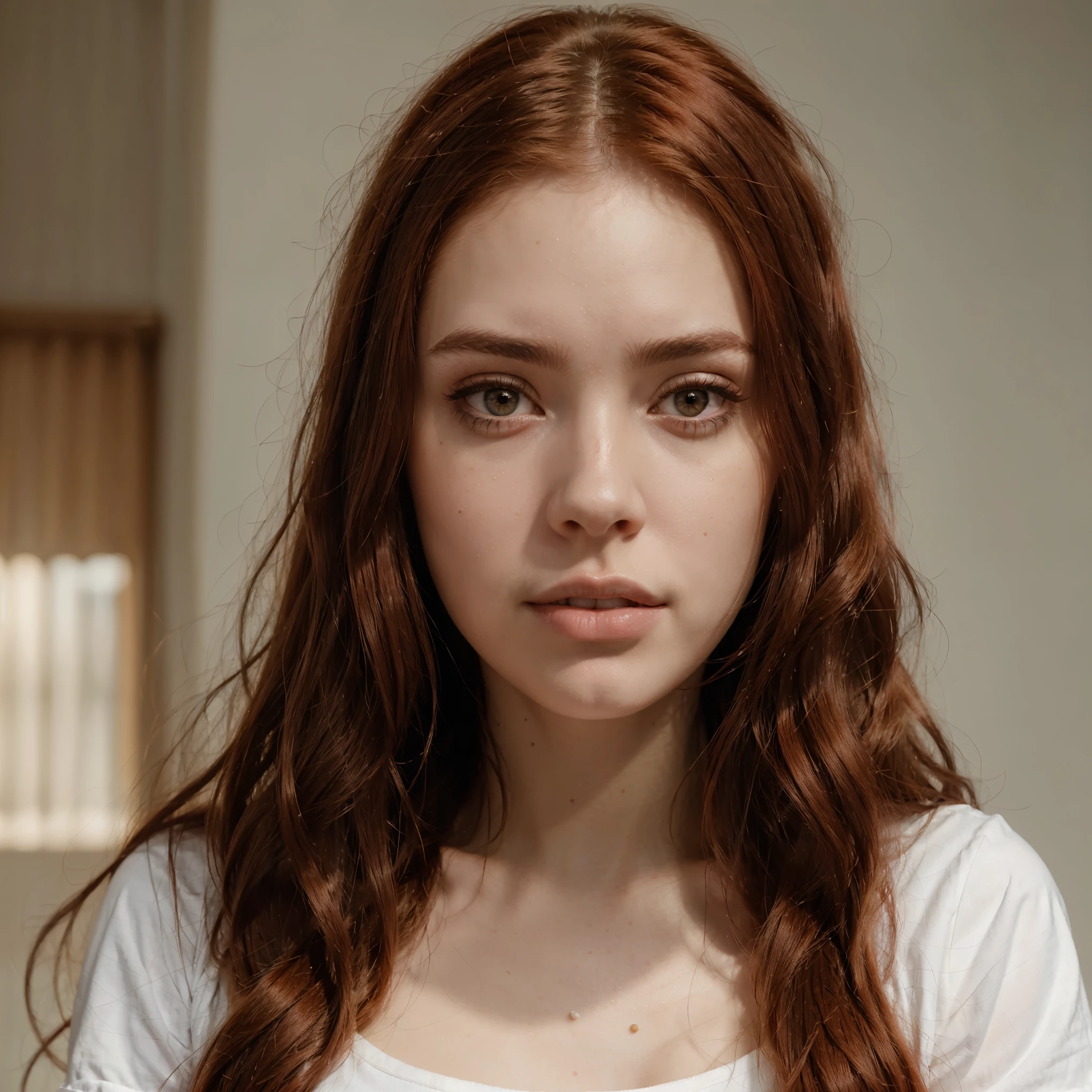 a close up of a woman with long red hair and a white shirt, soft portrait shot 8 k, madison beer as leeloo, looks a blend of grimes, 2 4 year old female model, she looks like a mix of grimes, portrait sophie mudd, young beautiful amouranth, arya stark as venus, looks like a mix of grimes