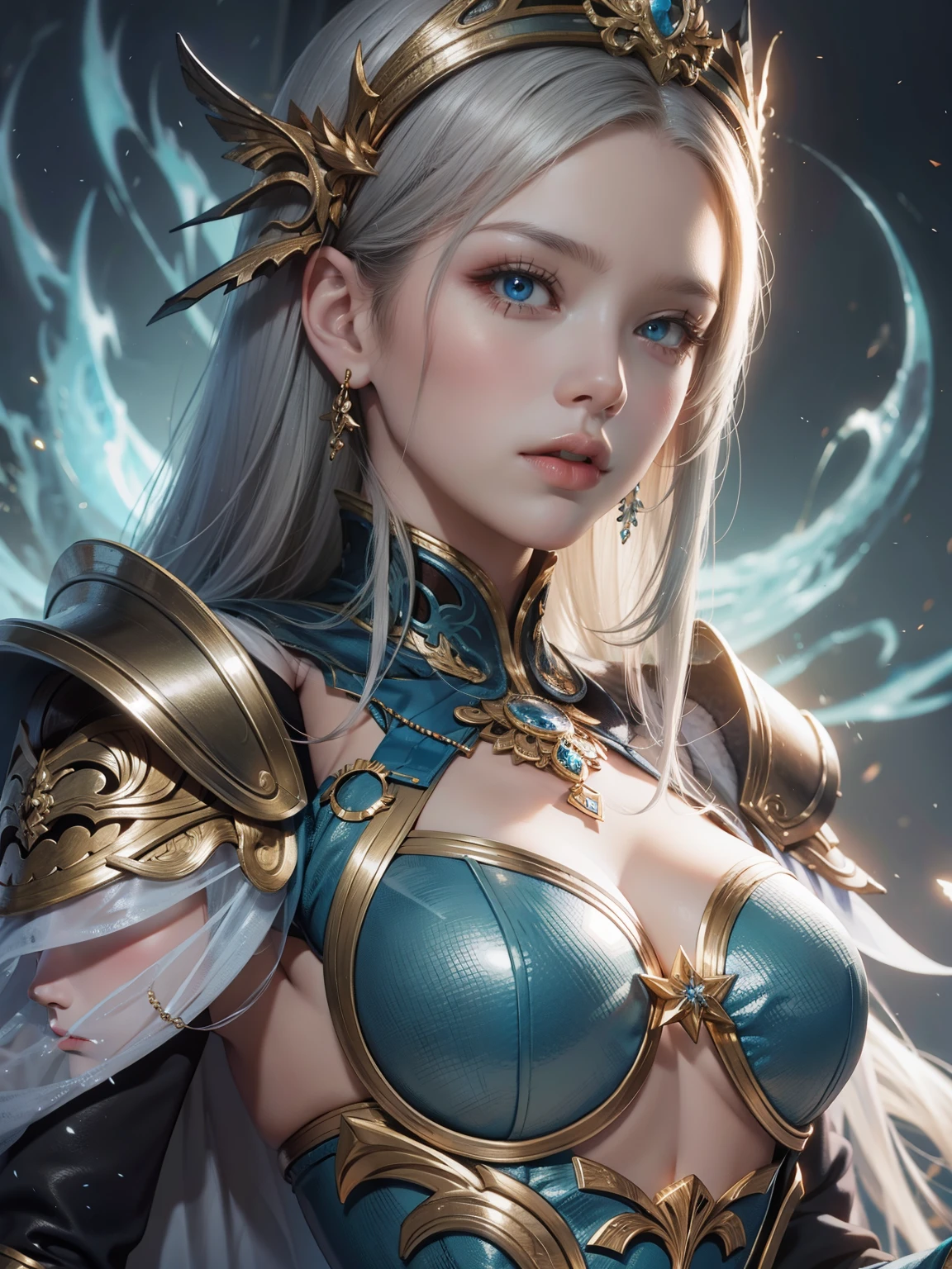 a close up of a woman in a silver and blue dress, chengwei pan on artstation, by Yang J, detailed fantasy art, stunning character art, fanart best artstation, epic exquisite character art, beautiful armor, extremely detailed artgerm, detailed digital anime art, artgerm on artstation pixiv, armor girl