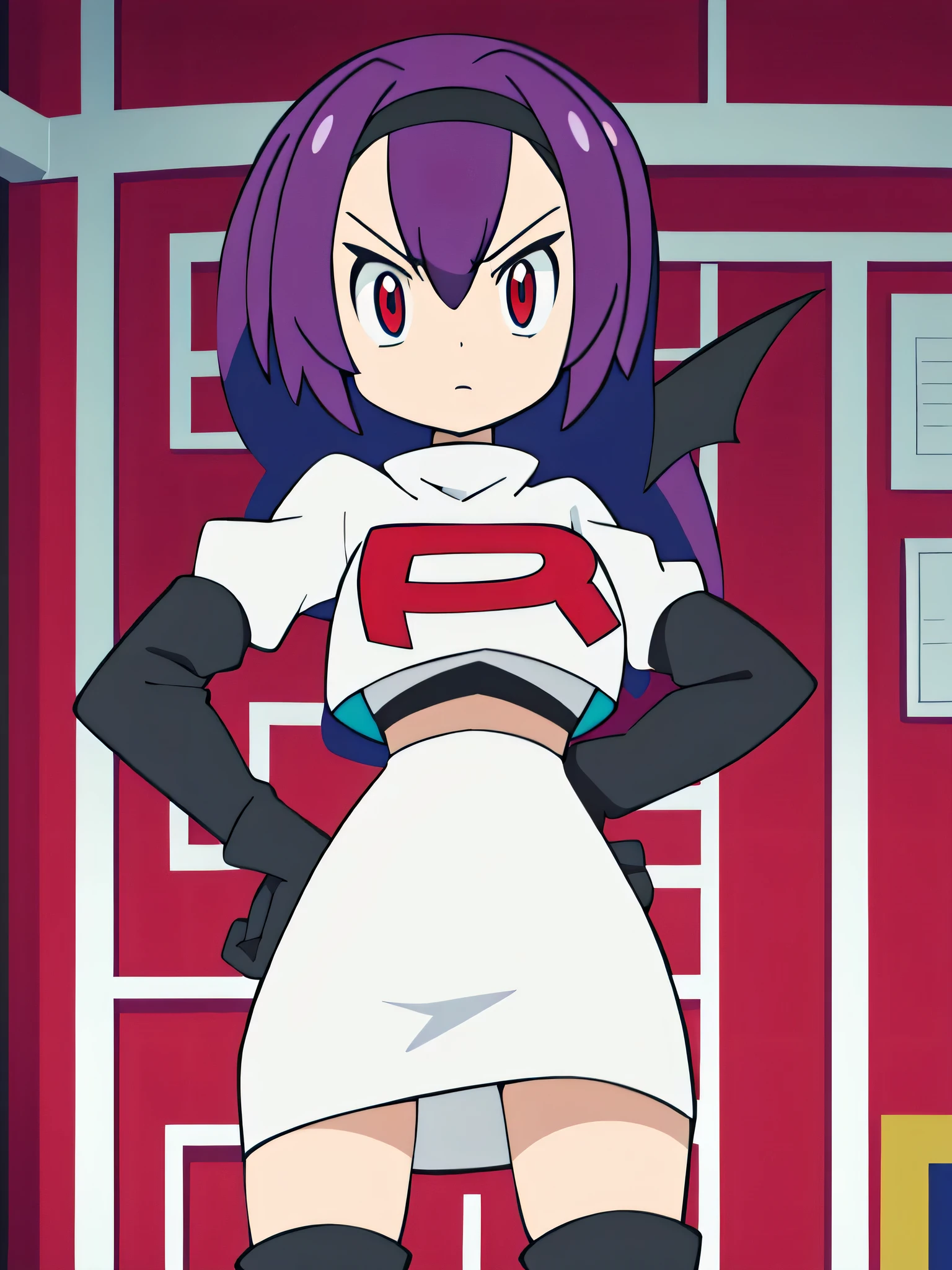 Colorful , masutepiece, Best Quality, 1girl in, , purple hair, middle hair, spike hair, Evil Female Executive, Goth ta Costume, a miniskirt, White stockings, Large red ribbon, a choker, White inner, black clothes, black boots, bat wings, , from below, looking at viewer, contrapposto, hand on hip, hairs between eyes, red eyes, shiny eyes,team rocket uniform, red letter r, white skirt,white crop top,black thigh-high boots, black elbow gloves, glaring angrily, looking at viewer, hands on hips, zettai ryouiki, cowboy shot