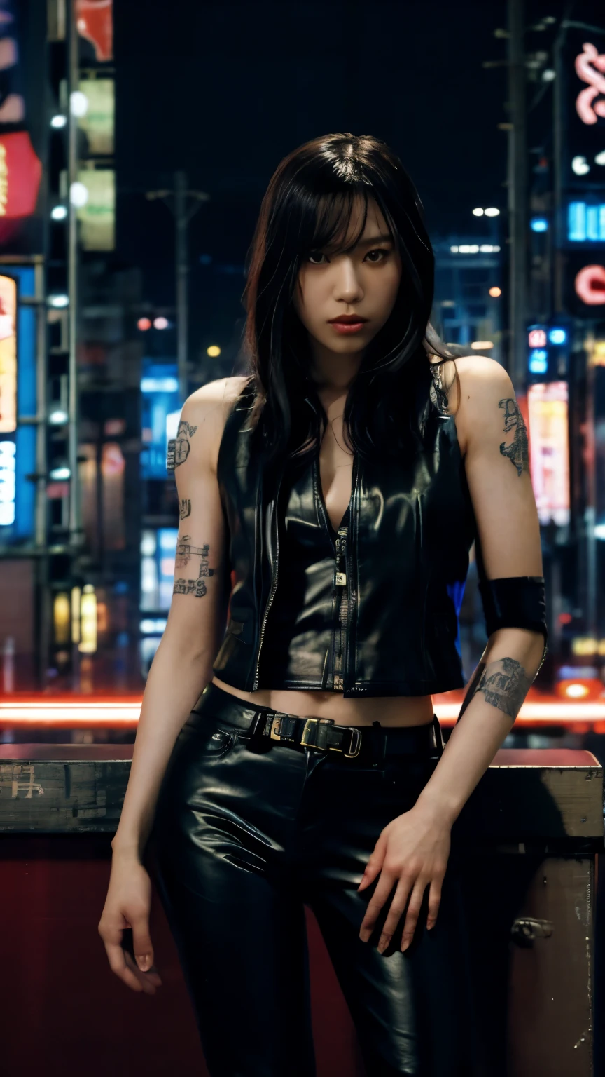 highest quality，masterpiece，Super detailed，8K, UHD，Beautiful woman，japanese woman，Expressionless，(Topless)，whole body，((tattoo))，slim，black leather pants，black leather vest，(female mafia)，gangster，(cyberpunk city)，night，cinematic lightening，movie poster，underworld