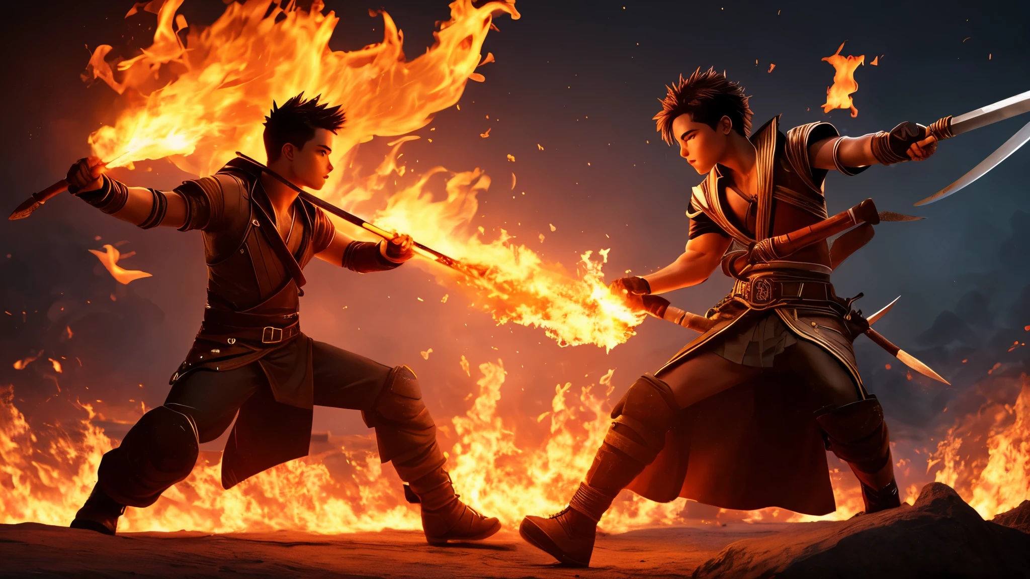 young man with fire tail and holding fireball in an epic fight with a nija with an ice ax front front 1920*1080