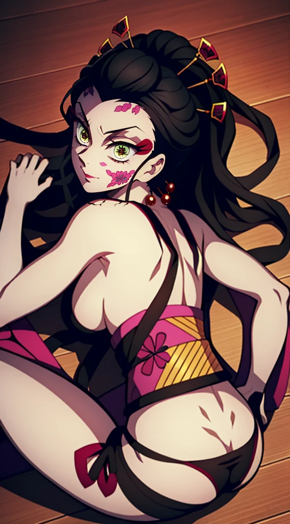 portraite of a, closeup face, Full-length (Body Full 1.1.), One Demon Girl, is looking at the camera, Sleeps, falls asleep, lying on the floor, Frame from above, From top to bottom, lying on his back, Back off,Beautiful waist, Hands Behind Your Back, sexypose, handsome body (Correct anatomy), sexy japanese clothes, Japanese style clothes, demon geisha, Very beautiful face, feminine face, beautiful body is completely visible, Masterpiece, Best Quality, in full height (Body Full 1.1.), Beautiful waist, nice feet, hiquality, Highly detailed face, Depth of field, HDR, Very detailed, Ray Tracing, full - body, Dark Fantasy, Demon Tattoo, Ultra Beautiful, lovely small breasts., 1girl, 独奏, looking a viewer, black hair, hair ornament, Jewelry, closed mouth, Green eyes, Yellow eyes, japanese clothes, kimono, makeup, lipstick, slit pupils, glowing eyes, angry, red-lips, hair stick