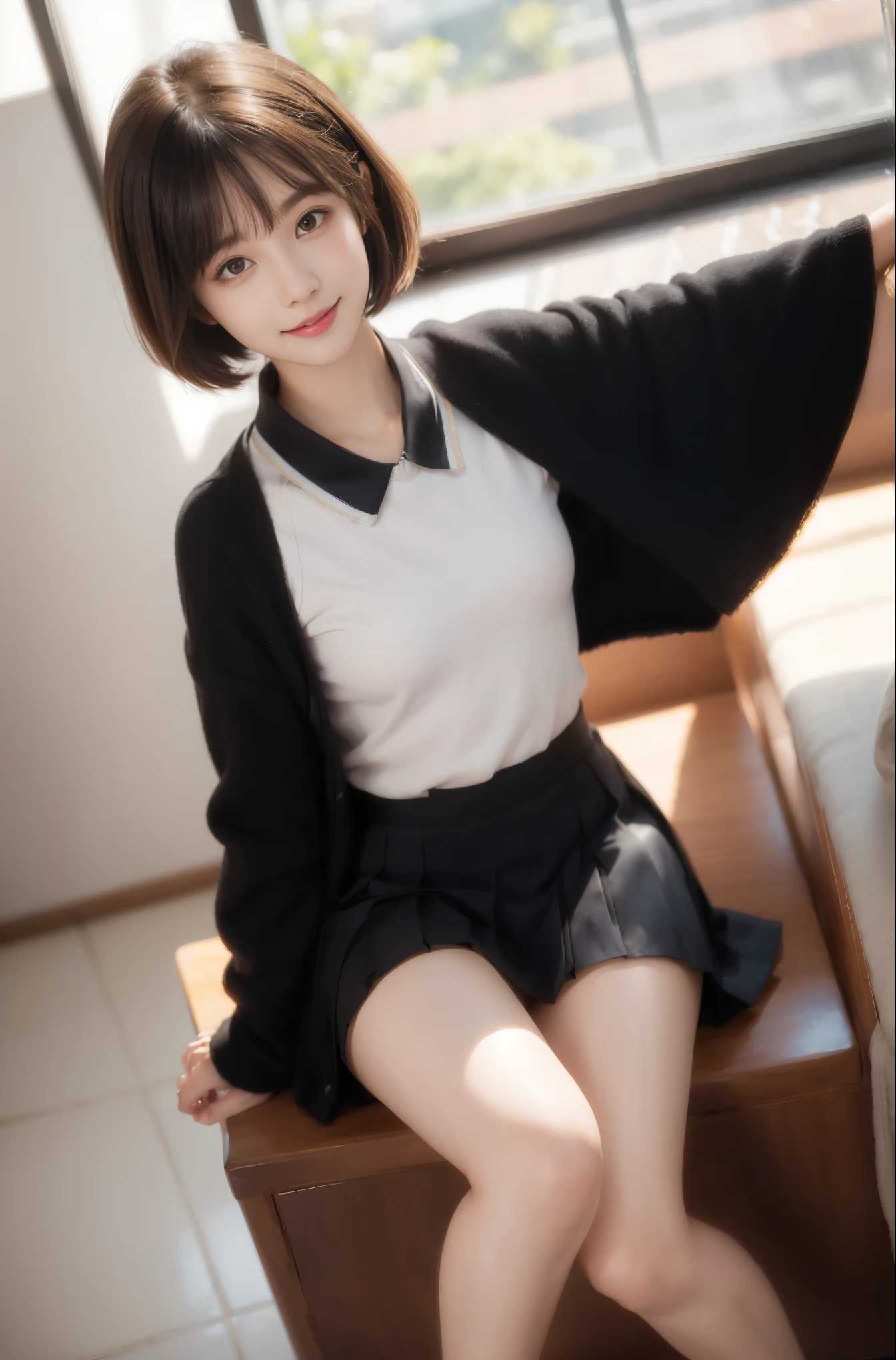 (original photo:1.2),(lifelike:1.4),(masterpiece:1.3),(best quality:1.4),ultra high resolution,
human development report,8K resolution,
dreamlike,
View comments,Request for comment,landscape,((No text)),
alone focus, (whole body),
(delicate eyes),(detailed facial features), (Detailed clothing features),
tight skin, (shiny skin),(slim girl),(slim girl),
(1 girl,alone),virtualgirlRin, happy, Smile, (small breasts), Bangs, bob hair, short hair, brown hair, brown eyes, black collar,
university student, Uniforms, pleated skirt, white stockings
