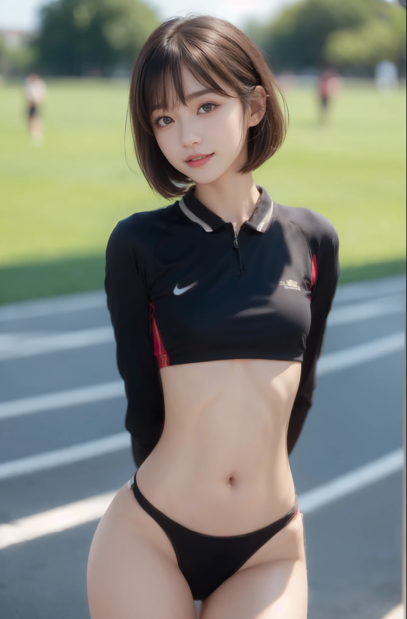 (original photo:1.2),(lifelike:1.4),(masterpiece:1.3),(best quality:1.4),ultra high resolution,
human development report,8K resolution,
dreamlike,
View comments,Request for comment,landscape,((No text)),
alone focus, (whole body),
(delicate eyes),(detailed facial features), (Detailed clothing features),
tight skin, (shiny skin),(slim girl),(slim girl),
(1 girl,alone),virtualgirlRin, happy, Smile, (small breasts), Bangs, bob hair, short hair, brown hair, brown eyes, black collar,
university student, Track and field uniform