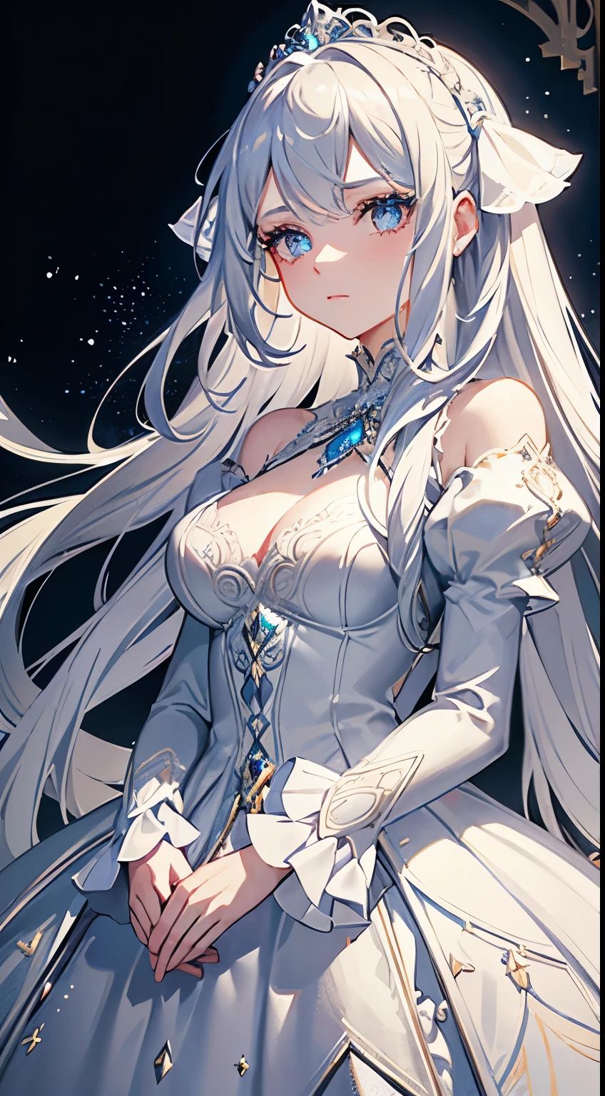 light particles, soft lighting, volumetric lighting, intricate details, finely detailed,

1girl, solo,

Silver hair, long hair

Blue eyes, long eyelashes, thick eyelashes, looking at viewer,

White short dress, ornate dress, backless dress, puffy sleeves, juliet sleeves, (long sleeves:1.2), blue bow,

black background, simple background


