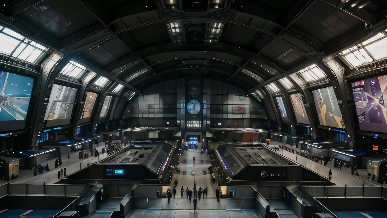 (haute résolution, réaliste:1.2), abri souterrain pour centre de travail de haute technologie, salle centrale, Futuriste, sombre, écrans holographiques, plusieurs travailleurs, Vue globale, population animée, résidents, technologie avancée, Perspective lointaine, les travaux de construction, surpopulation, Foule de gens, les pauvres