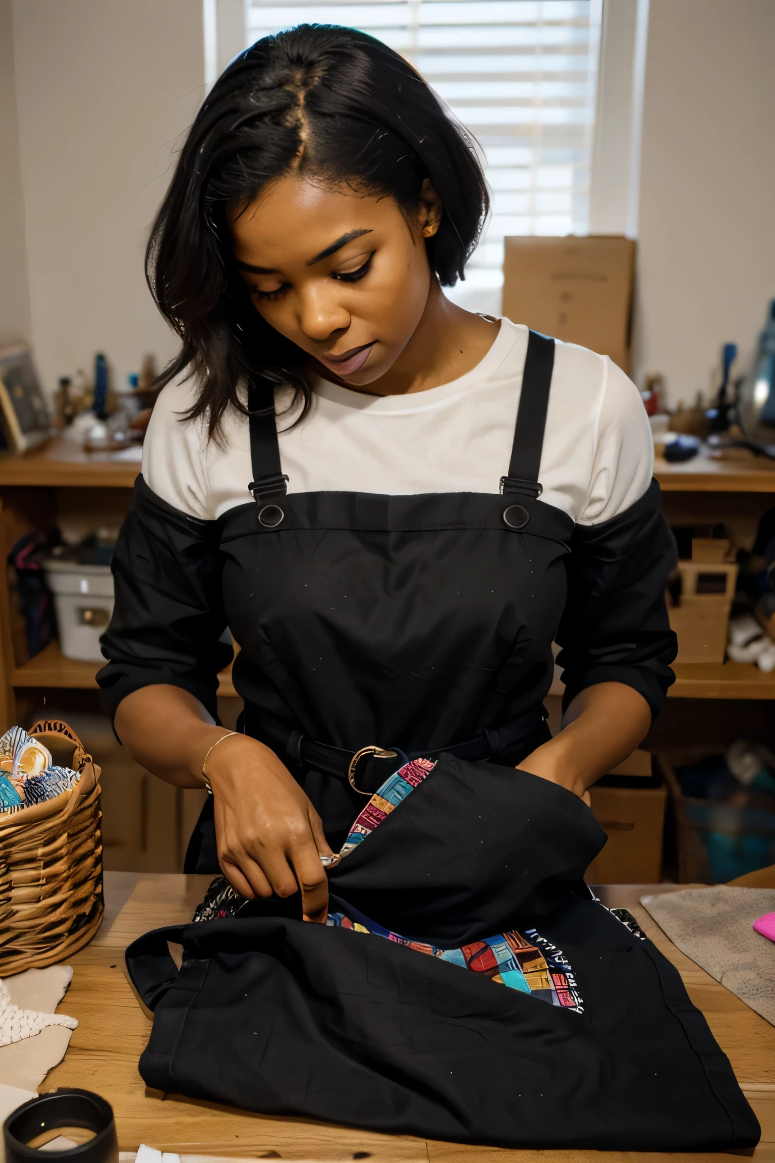 Black woman in her sewing studio creating a bag