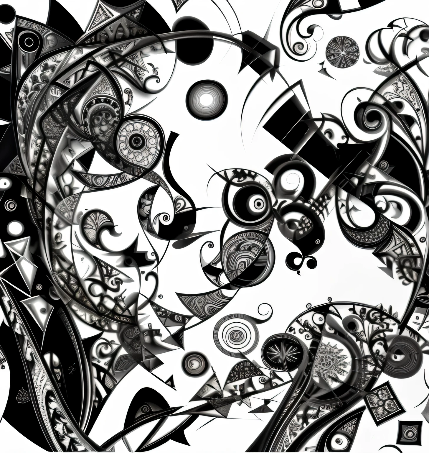 a close up of a drawing of a person with a top hat, intricate automatism, intricate abstract, an abstract drawing, black and white vector art, abstract illustration, black and white artwork, elaborate digital art, black & white art, ornate complexity, very abstract, digital intricate art, black and white line art, chaotic composition, illustrative and abstract