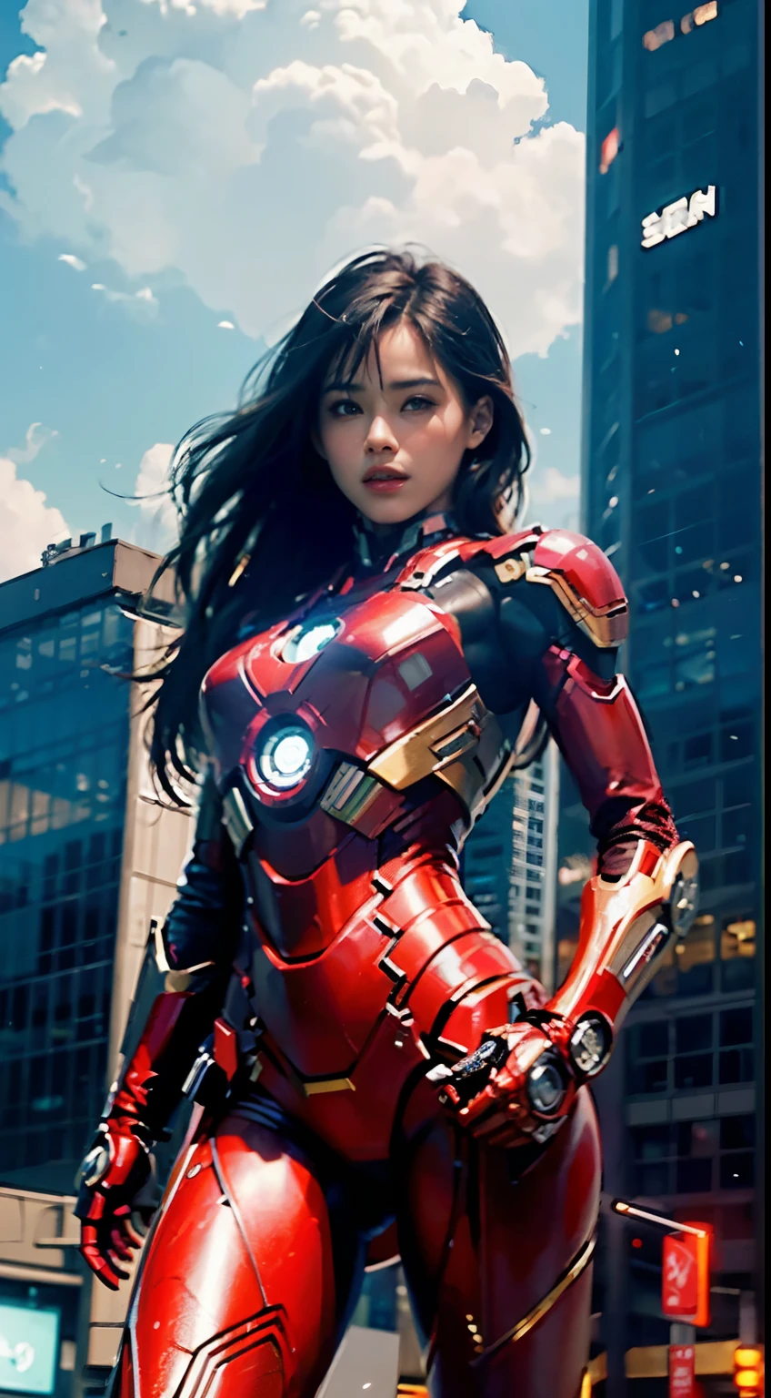 8k, realistic, attractive, highly detailed, a 20 year old girl a sexy and attractive woman inspired by Iron Man wearing a shiny Iron Man mech. She dresses with sexiness and confidence, perfectly interpreting Iron Man's strength and charisma. In a cyberpunk-style city night scene, a sexy and attractive woman takes Iron Man's cosplay as the theme. Wearing a shiny Iron Man mech, she stands on a street lined with tall buildings. The night lights of the city are bright, reflecting on her mecha, adding a sense of future technology. The surrounding buildings and streets are full of cyberpunk elements, such as neon lights, high-tech devices and futuristic architectural designs. The whole scene is full of futuristic and sci-fi atmosphere. This high-definition, high-quality picture will bring you stunning visual enjoyment, a perfect combination of sexy, futuristic and sci-fi elements. oc rendering, dramatic lighting, award winning quality