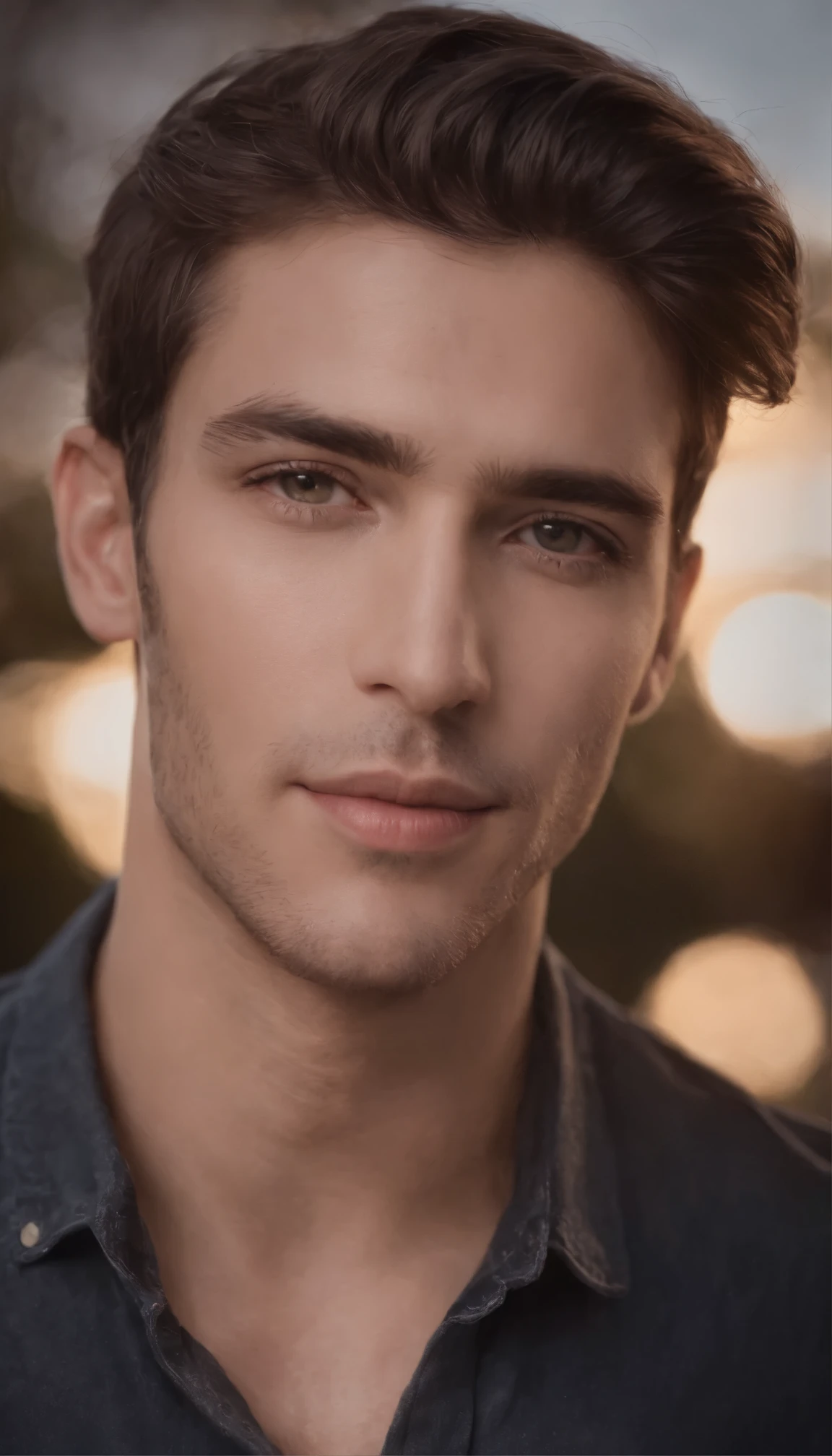 Soft, cinematic lighting illuminates a stunning Brazilian male model in stunning, ultra-realistic detail,Photo du corps entier de face,to be beautiful,Messy short brown hair,yeux clairs de miel,Sourire charmant et parfait,Serviteur sexy,Bel homme,incroyablement jolie,C'est la tendance d'ArtStation。Octane est l'tool parfait pour capturer les details les plus doux de ce chef-d'16k photographic work。