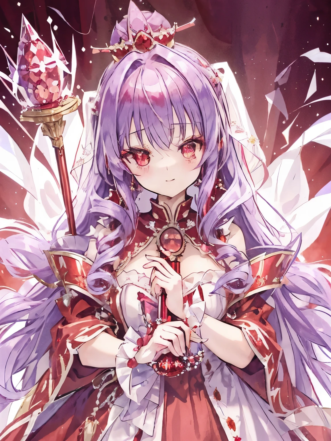 girl,((fluffy light purple hair)),((drill curl long hair)),((1.2)),((A red veil on a crimson crown:1.2)),((noble atmosphere)),nihilistic smile,cute,close up of face,(crown background:1.3),((red emperor:1.4)),((luxurious and gorgeous dress:1.2)),((Finely decorated crystal wand:1.3))