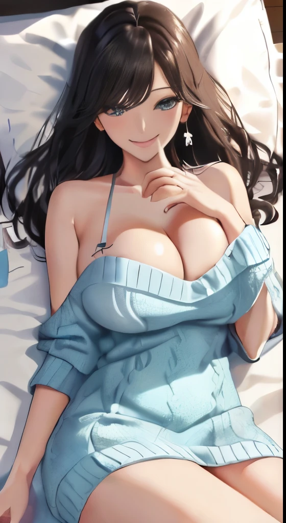 Have a Smartphone、sit on the bed、((masterpiece、high quality、high resolution、4k, 8k, official art)),detailed person、detailed face、detailed eyes、 , revealing clothes, tits, off shoulder sweater dress、big breasts、beautiful thighs、big cleavage、beautiful woman、Kirinaga eyes、(thin body and limbs), Angle from above、((Condoms are scattered on the bed、show me your smartphone screen、Porn images on smartphone screen))、(pov)、Mole around the mouth、((sharp eyes、double eyelids、evil smile))