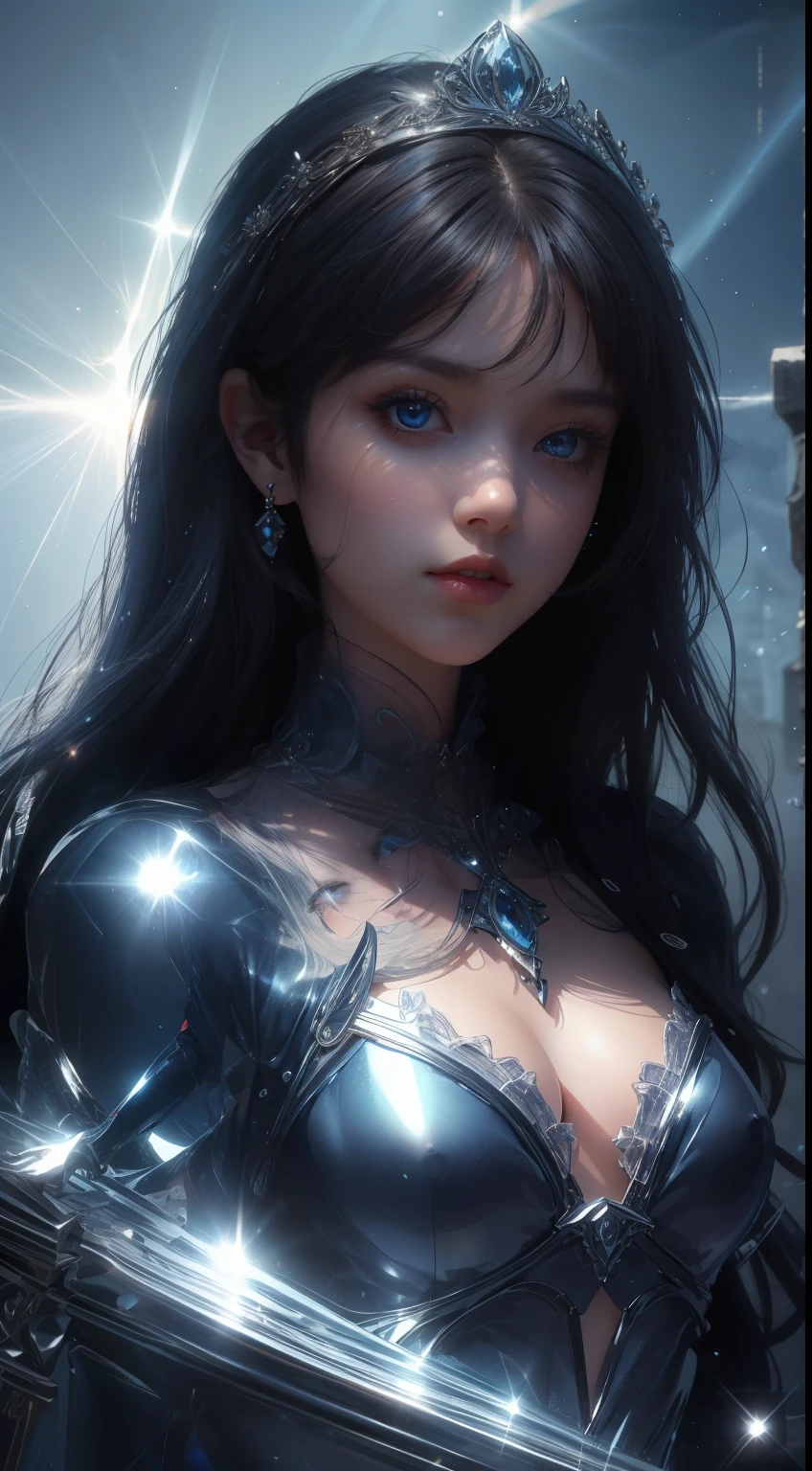 8K ultra hd, masterpiece, ultra quality, a cute girl, cute face, detailed eyes, detailed lip, medium breathe, dress, fantacy dark blue costume, beautiful shining dark blue costume, shining effect, shining, blur effect, morning time, sun light, whole body capture,