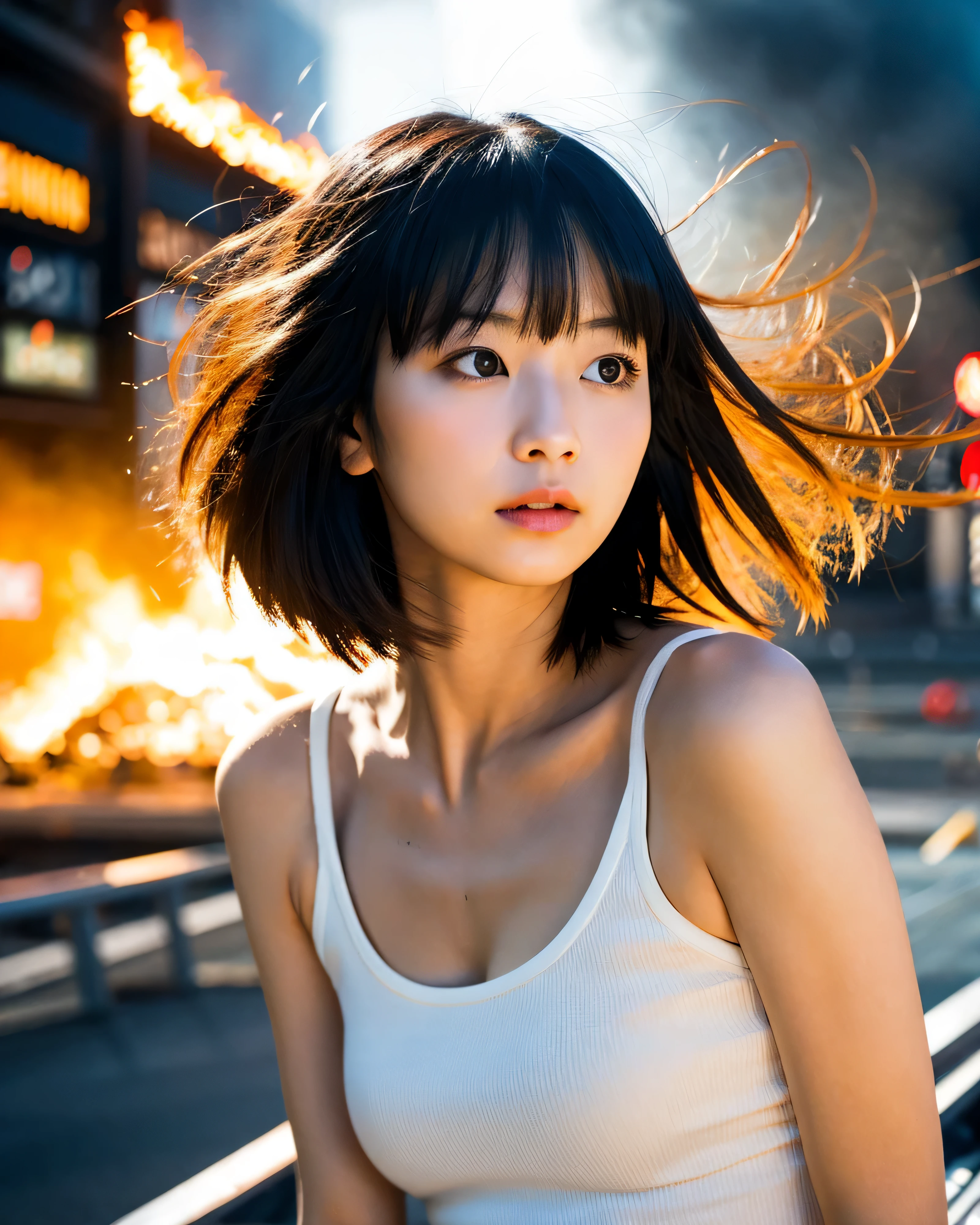 Punk Rock,beautiful japanese girl, 17 years old, High resolution, 4K, (Burning City:1.5), collapsed cityscape,after the disaster,Beautiful black hair waving in the wind,High resolutionのロングヘアー, Asymmetrical bangs, thin eyebrows, sharp gaze, High resolutionの潤んだ瞳,looking down, smooth soft skin, natural makeup, serious expression, small white tank top, slim jeans,Detailed and perfect clavicle, High resolutionの美しい胸元,professional lighting, professional photographer