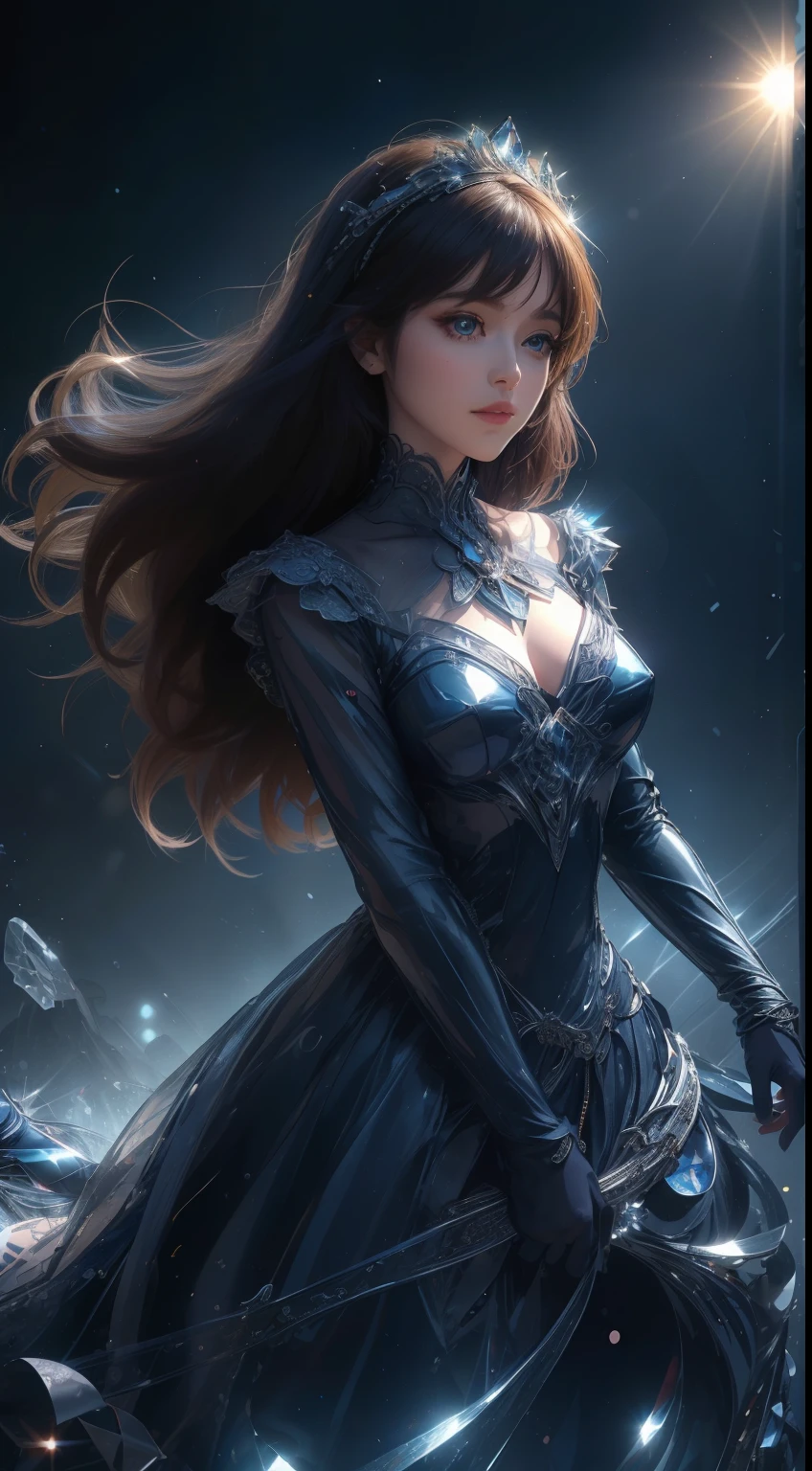 8K ultra hd, masterpiece, ultra quality, a cute girl, cute face, detailed eyes, detailed lip, medium breathe, dress, fantacy dark blue costume, beautiful shining dark blue costume, shining effect, shining, blur effect, morning time, sun light, whole body capture,