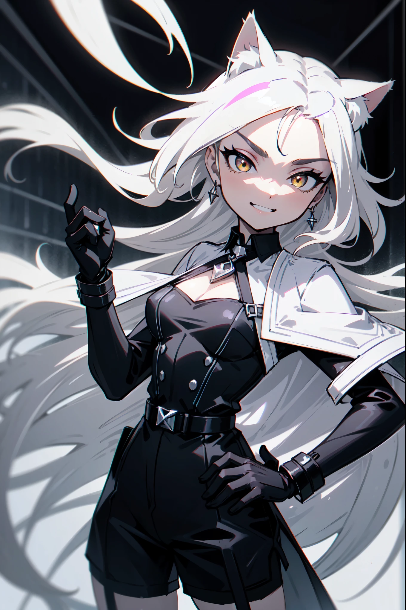 1girl, woman, solo, long hair, big hair, white hair, cat ears, (forehead:1.2), yellow eyes, medium breasts, devilish grin from below, white hair, (overcoat, black coat, open coat:1.2), white shirt, collared shirt, (chest harness, shoulder strap:1.15), black leather shorts, garter belt, gloves, ((from below)), elegant, looking at viewer, standing, chromatic aberration, (close-up to face:1.2), face only masterpiece, best quality, 4k