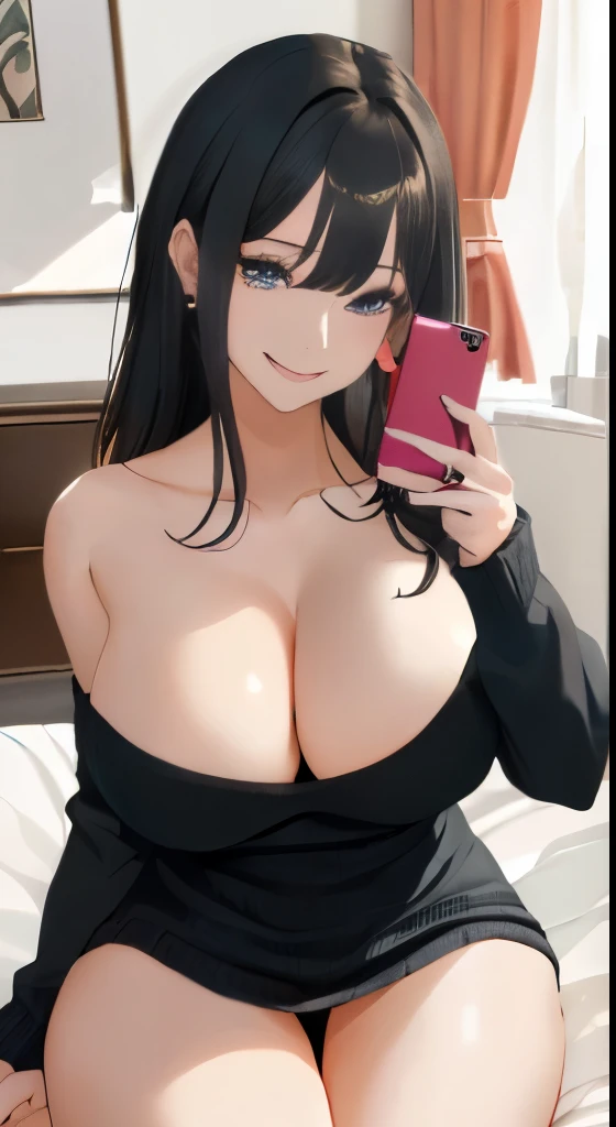 Have a Smartphone、sit on the bed、((masterpiece、high quality、high resolution、4k, 8k, official art)),detailed person、detailed face、detailed eyes、 , revealing clothes, tits, off shoulder sweater dress、big breasts、beautiful thighs、big cleavage、beautiful woman、Kirinaga eyes、(thin body and limbs), Angle from above、((Condoms are scattered on the bed、show me your smartphone screen、Porn images on smartphone screen))、(pov)、Mole around the mouth、((sharp eyes、double eyelids、evil smile))、(((Someone else's hand holding a smartphone, Naughty girl reflected on smartphone)))