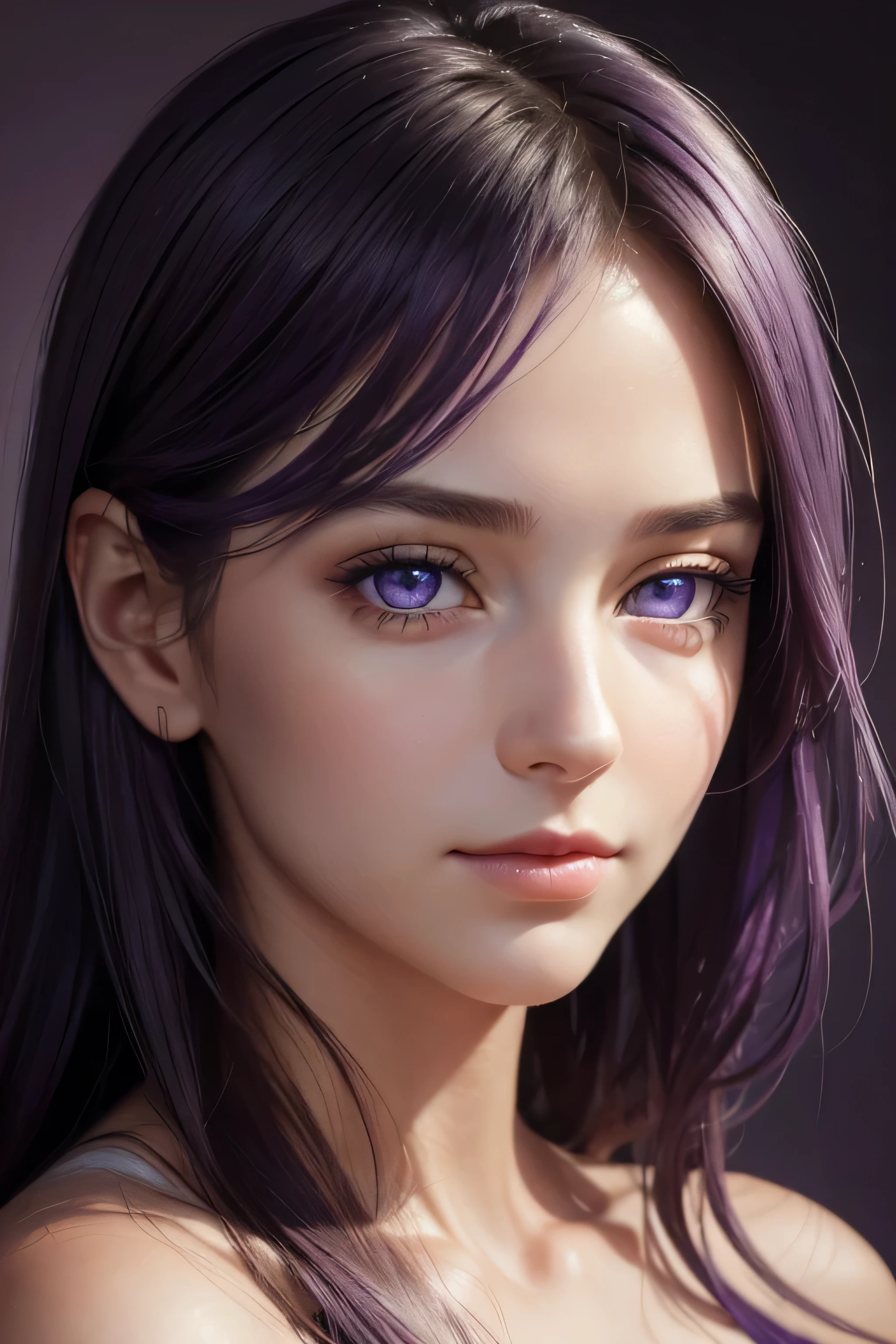 (portrait:1.2,realistic:1.37),beautiful detailed purple eyes,soft lighting,ultra-detailed facial features,subtle shadows,rich colors,lavender background,subtle brushstrokes,delicate skin texture,high-resolution,emotionally expressive,lifelike,graceful pose,high-quality oil painting, deep purple eyes, textured eyes, bright powerful eyes