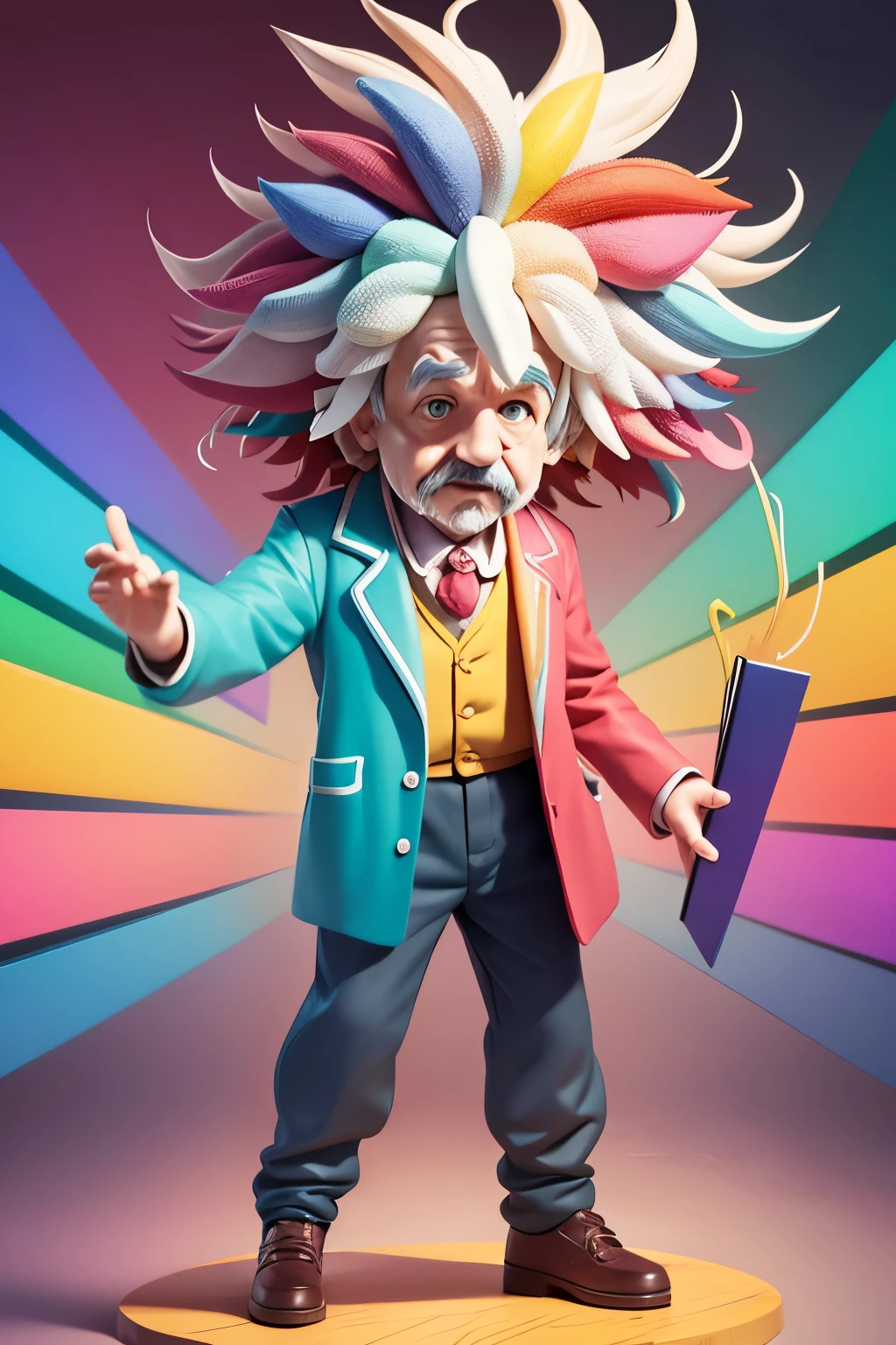 Create a vividly colored animated image portraying Albert Einstein in the midst of a mental breakdown due to intense studying. Feature wild and disheveled hair, eyes widened in exhaustion and frenzy, and incorporate a spectrum of bright and chaotic colors in the swirling, overlapping mathematical formulas and equations surrounding him. Convey the overwhelming mental strain and fatigue with a burst of vibrant and energetic colors, while still maintaining a recognizable likeness to Albert Einstein.