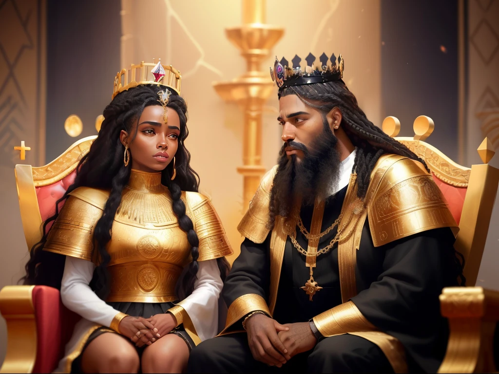 há uma mulher de cabelos negros with a crown on his head, ajoelhada diante de um rei. There&#39;s a king with a beard sitting on his throne, with a crown on his head. There is a servant standing. Trajes reais. biblical costumes. biblical style. biblical setting, Estilo comics