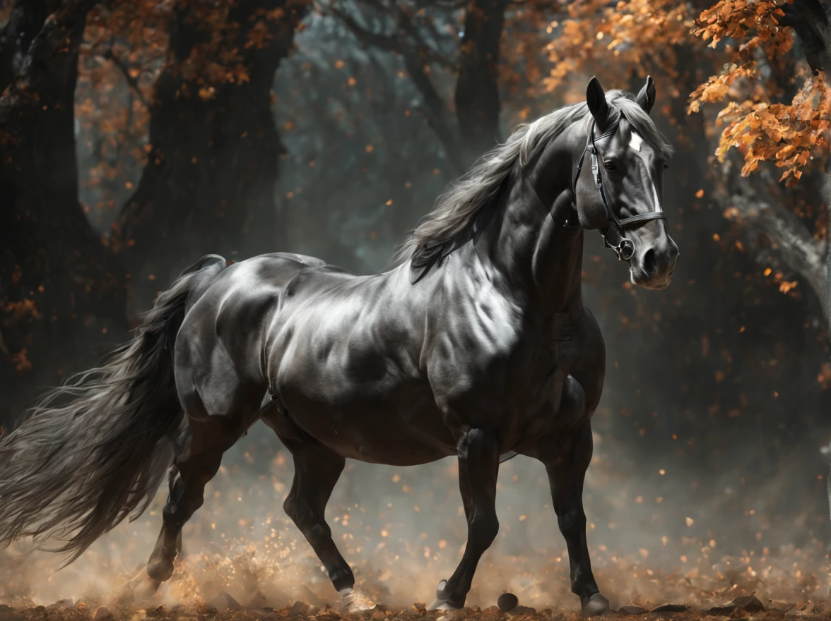 ((riderless)), in the background a beautiful landscape, with mountains and trees, epic, ultra, (photorealistic:1.4), ((Best quality:1.4)), ((masterpiece:1.4)), (very detailed: 1.4), (cinematic lighting:1.4), 3D, beautiful, (((1 horse full body, in the wild alone, hyperrealistic:1.5 full shot, full body close up, beautiful shiny black coat, long cline with movement by the wind, perfectly defined and detailed body, close-up))),