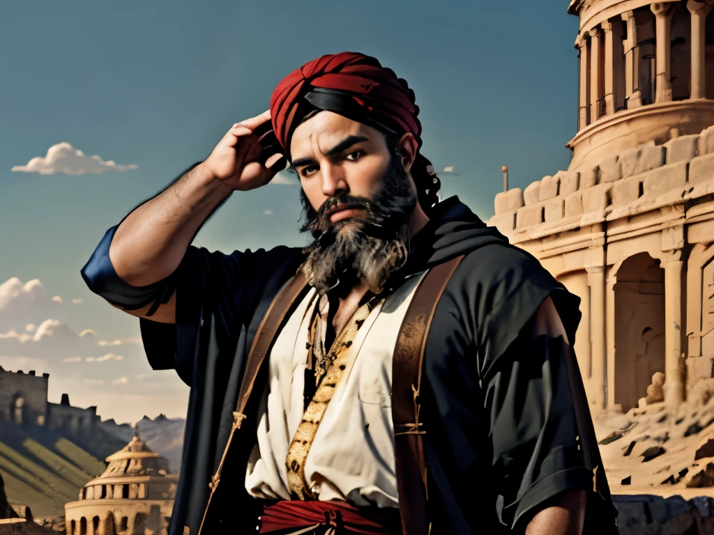 an adult man with a beard and black hair with his hand on his head. On his head there is a turban. In the background there is a servant. biblical costumes. biblical clothing. biblical style. Epic setting.