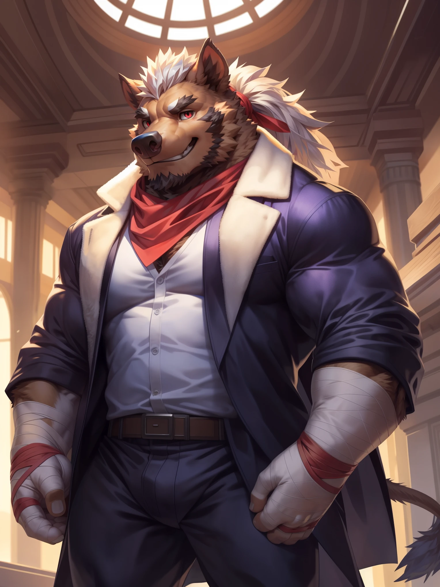 solo, anthro, furry, furry male, boar, ((fluffy fur, fluffy, furry body)), (brown fur, boar print), brown body, white hair, snout, pink nose, red eyes, boar tail, detailed teeth, detailed face, ponytail, spike ponytail, detailed fluffy fur, detailed face, detailed eyes, detailed tusk, Decorative coat, detailed face, detailed eyes, dark blue slack pants, Gold trimming on coat, white undershirt, white shirt, red bandana around the neck, full body, fantasy grand hall, (by null-ghost, by raccoon21, masterpiece, high quality, hi-res,8k), standing, close-view portrait, looking at viewer, indoor, happy expression, day, smirk, dynamic pose, hand wraps, detailed hands,