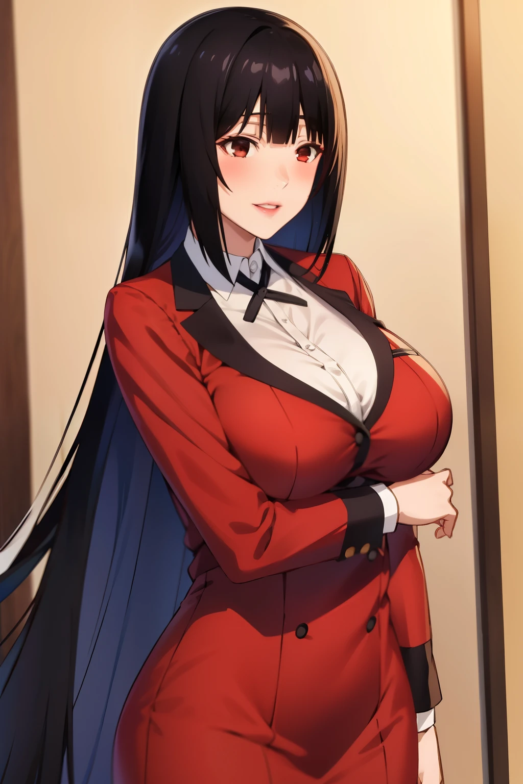 masterpiece, best quality, 1girl, solo, jabami yumeko, black hair, long hair, blunt bangs, red dress, night,