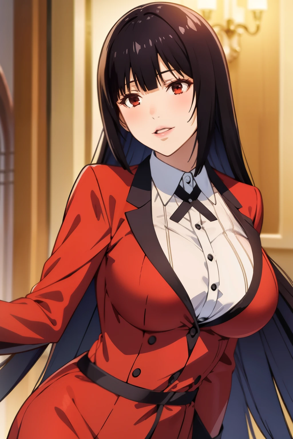 masterpiece, best quality, 1girl, solo, jabami yumeko, black hair, long hair, blunt bangs, red dress, night,