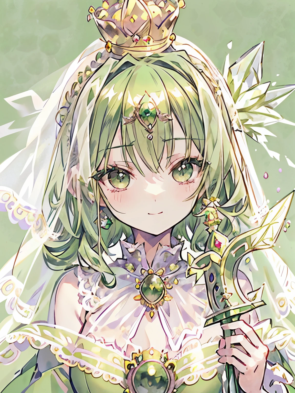 girl,((Fluffy blonde)),((short permed hair)),((1.2)),((A green veil on a jade crown:1.2)),((noble atmosphere)),nihilistic smile,cute,close up of face,(crown background:1.3),((green emperor:1.4)),((luxurious and gorgeous dress:1.2)),((Finely decorated crystal wand:1.3))