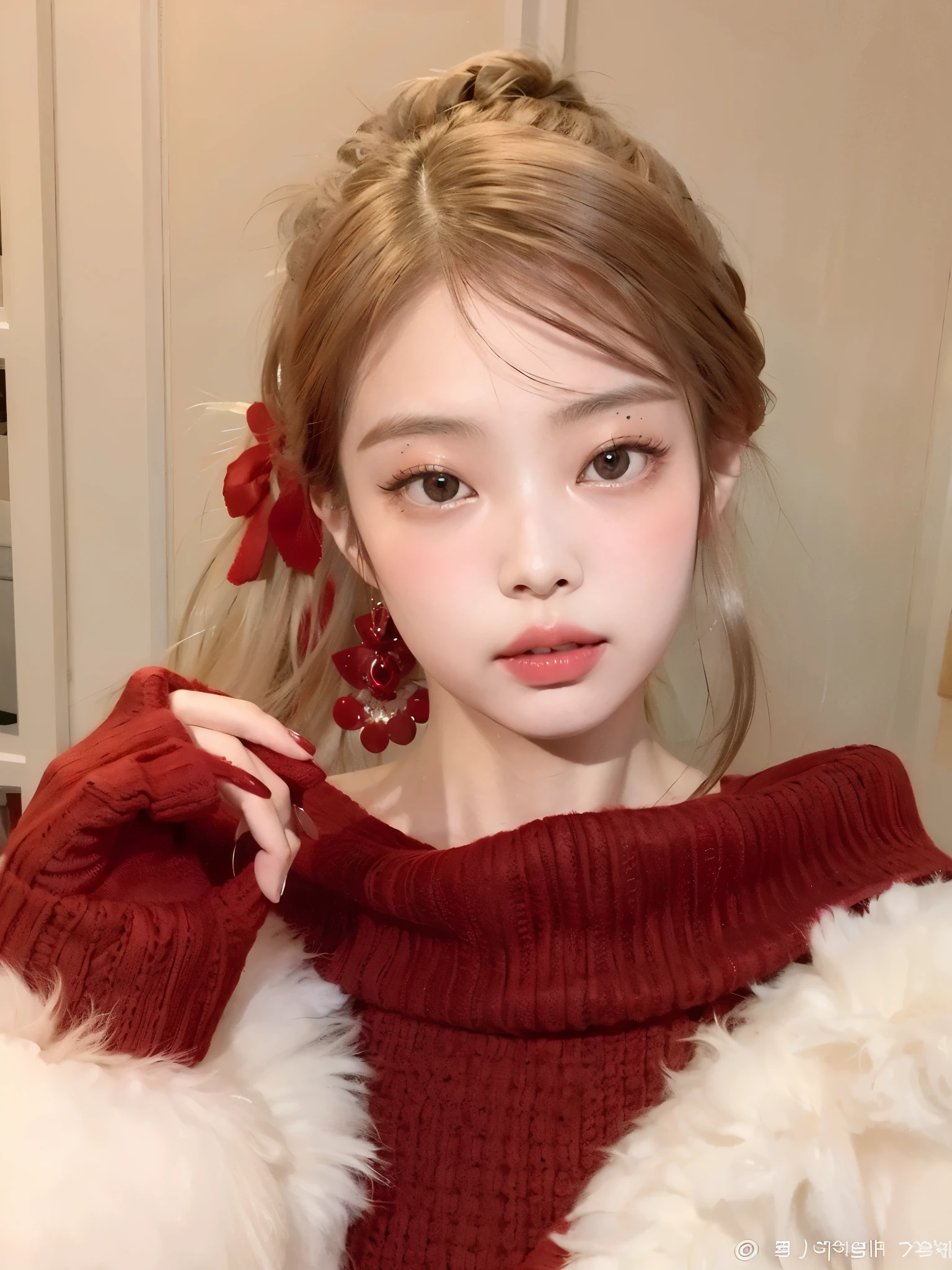 Araffe girl in a red sweater and a white fur coat., maquillaje popular de corea del sur, maquillaje coreano popular, ulzzang, pale korean adorable face, cara sexy con maquillaje completo, joven y adorable rostro coreano, muchacha coreana, sakimichan, hermosa joven coreana, lentes de contacto rojas, hermosa mujer surcoreana, retrato realista kawaii, hermosa joven coreana