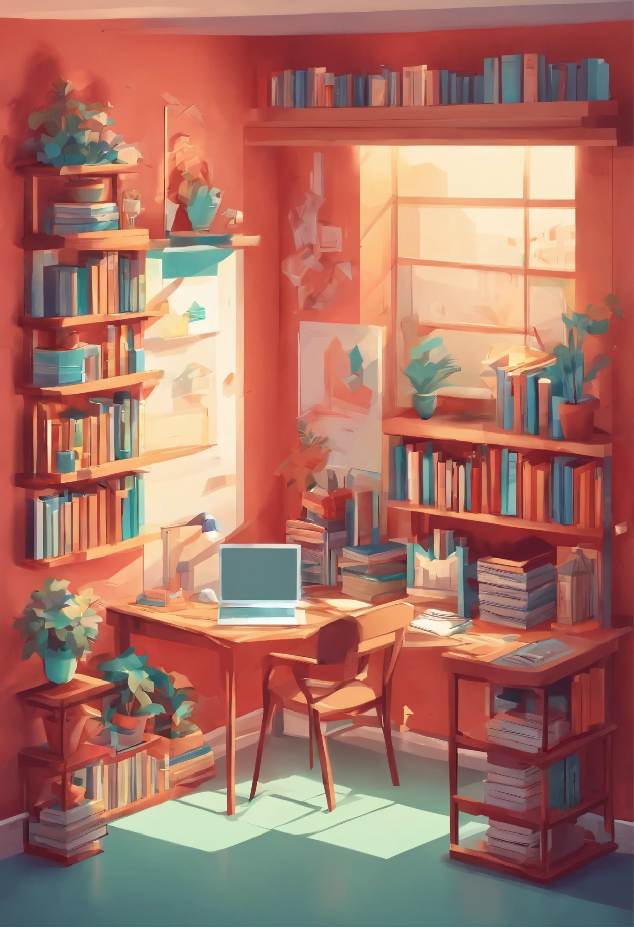 Estante com livros na parede, luz ambiente