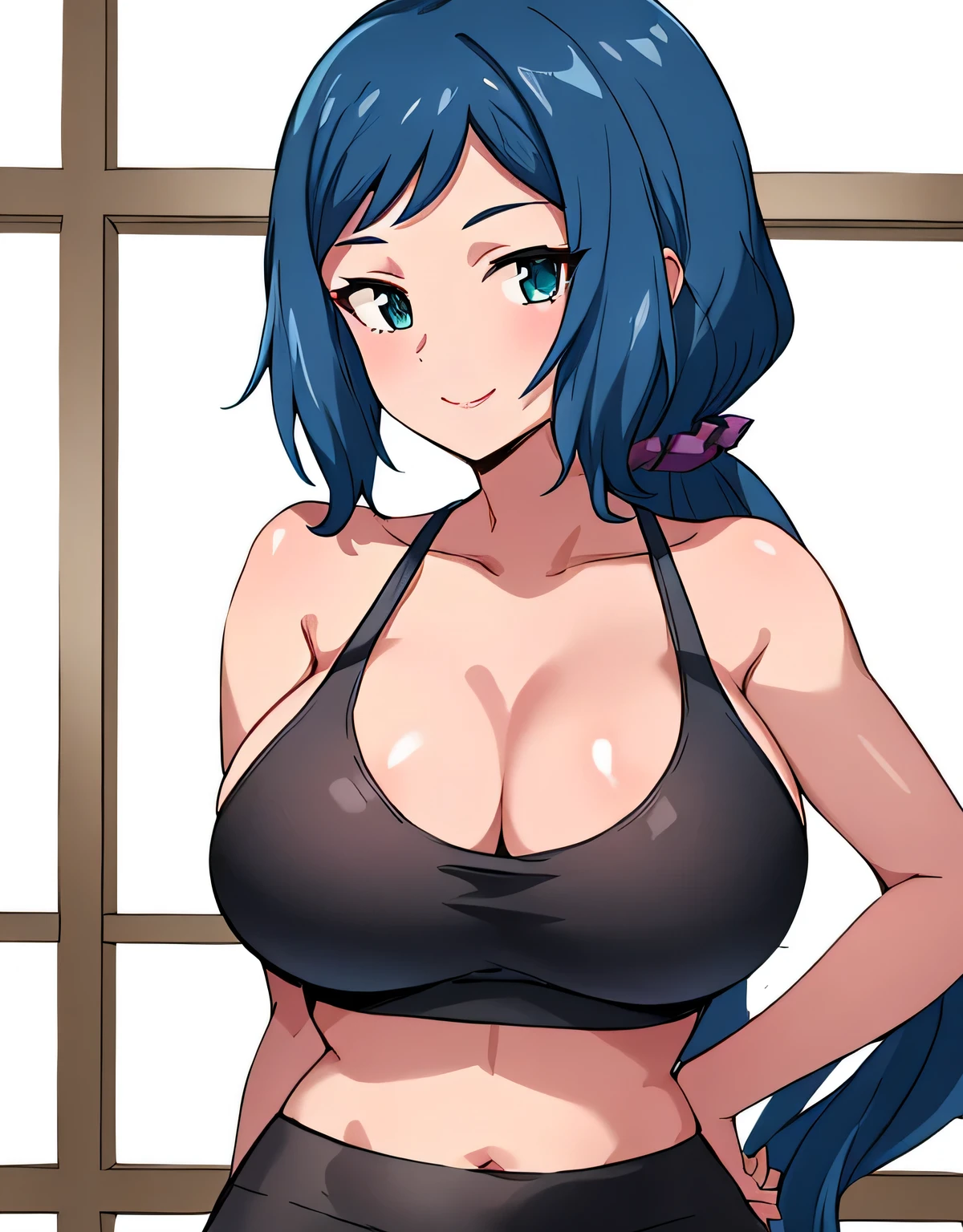 indoor hall,rinko-iori, wide hips, Low ponytail, blue eyes, yoga pants,play sports often,(Sensitive smile:1.2),(big breasts:1.5),shiny,hair,((alone)),((masterpiece)),((highest quality)),perfect anatomy,slim waist,perfect image,8K UHD,(beautiful and fine eyes:1.3),highly detailed face,Are standing,(Upper body:1.1),(look ahead:1.1),back arm,super detailed,disorganized,High resolution