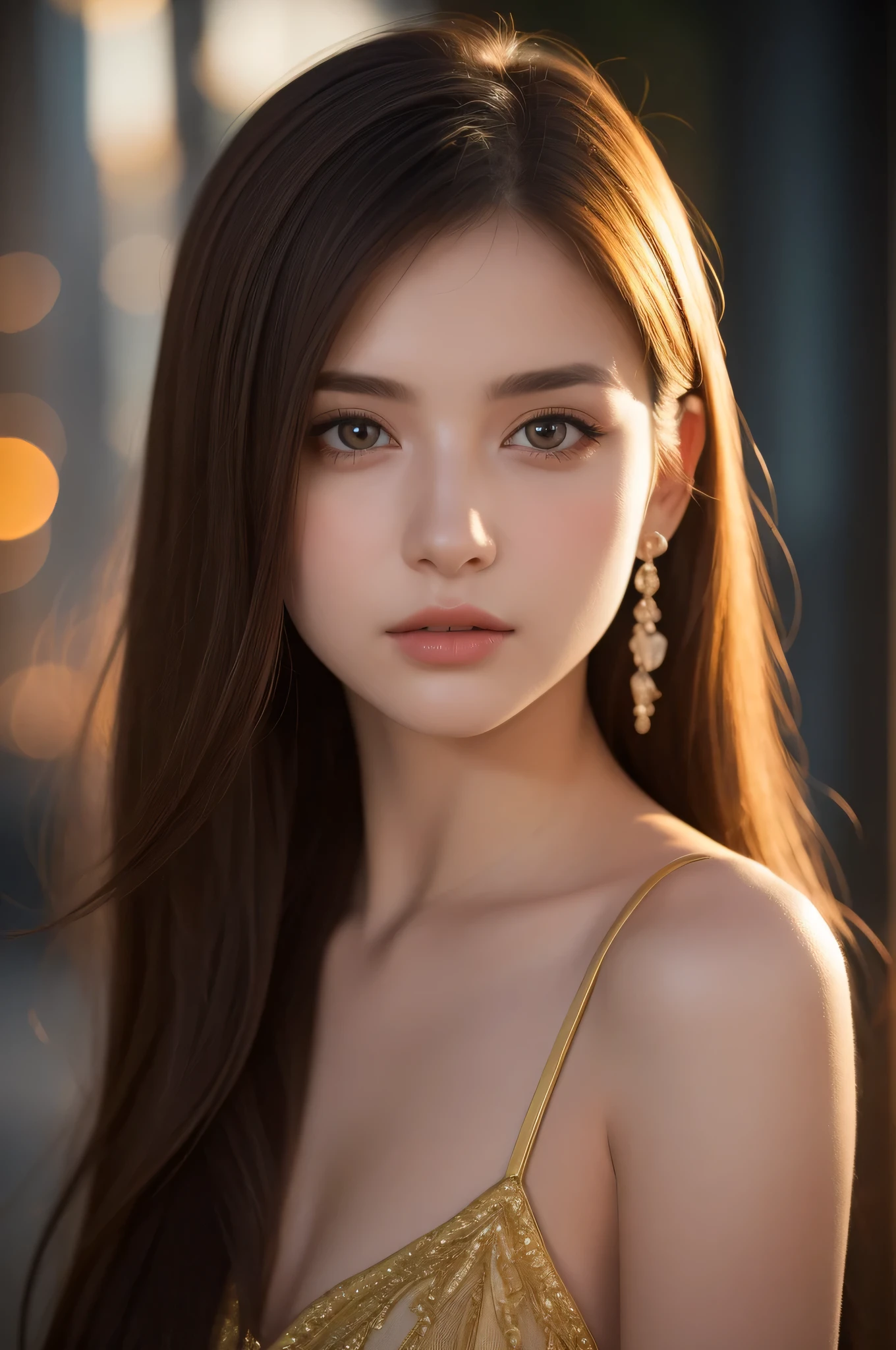(best quality), (ultra-detailed), (llustration), (detailed light), (an extremely delicate and beautiful), 1young girl, long hair, brown hair, brown eyes, model, Enchanting, Sublime, Ethereal, Sorrow, confusion, best quality, fantastic, extremely detailed CG unified 8k wallpaper, High-definition raw color photos, professional photograpy, (((Bokeh))), twilight, Golden hour, Backlighting, depth of fields,