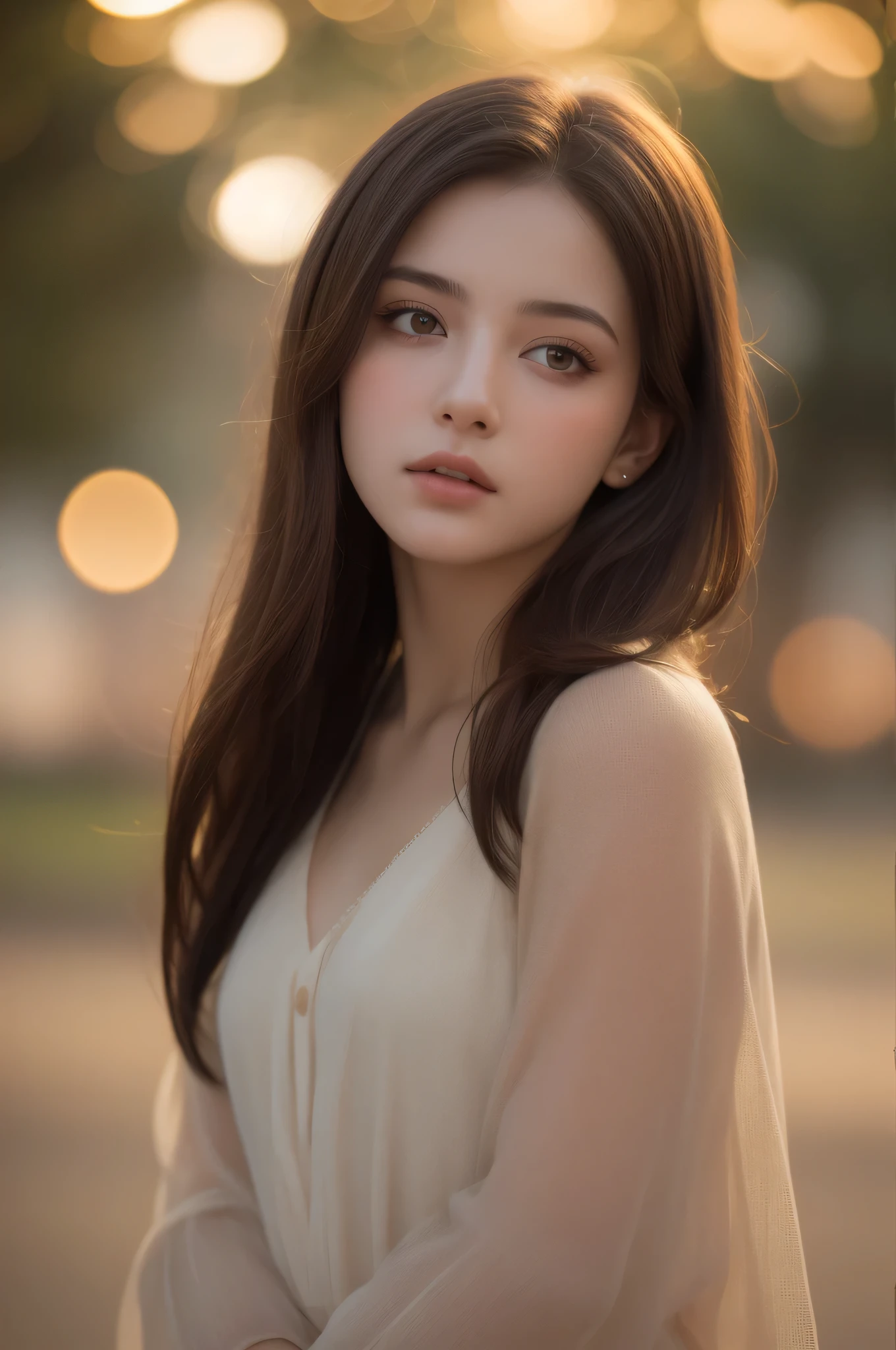 filmg, film portrait photography, 1girl, bare shoulders, wavy shoulder-length hair, serene, calm, (realistic detailed eyes, natural skin texture, realistic face details), soft dramatic lighting, depth of field, bokeh, vibrant details, finely detailed, hyperrealistic, 35mm film, hazy blur