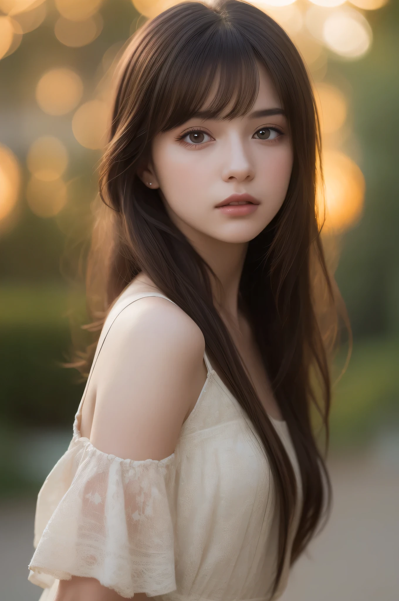 (best quality), (ultra-detailed), (llustration), (detailed light), (an extremely delicate and beautiful), 1young girl, long hair, brown eyes, (Innocent and cute expression), model, Enchanting, Sublime, Ethereal, fantastic, extremely detailed CG unified 8k wallpaper, High-definition raw color photos, professional photography, (Bokeh), twilight, Golden hour, Backlighting, depth of fields,