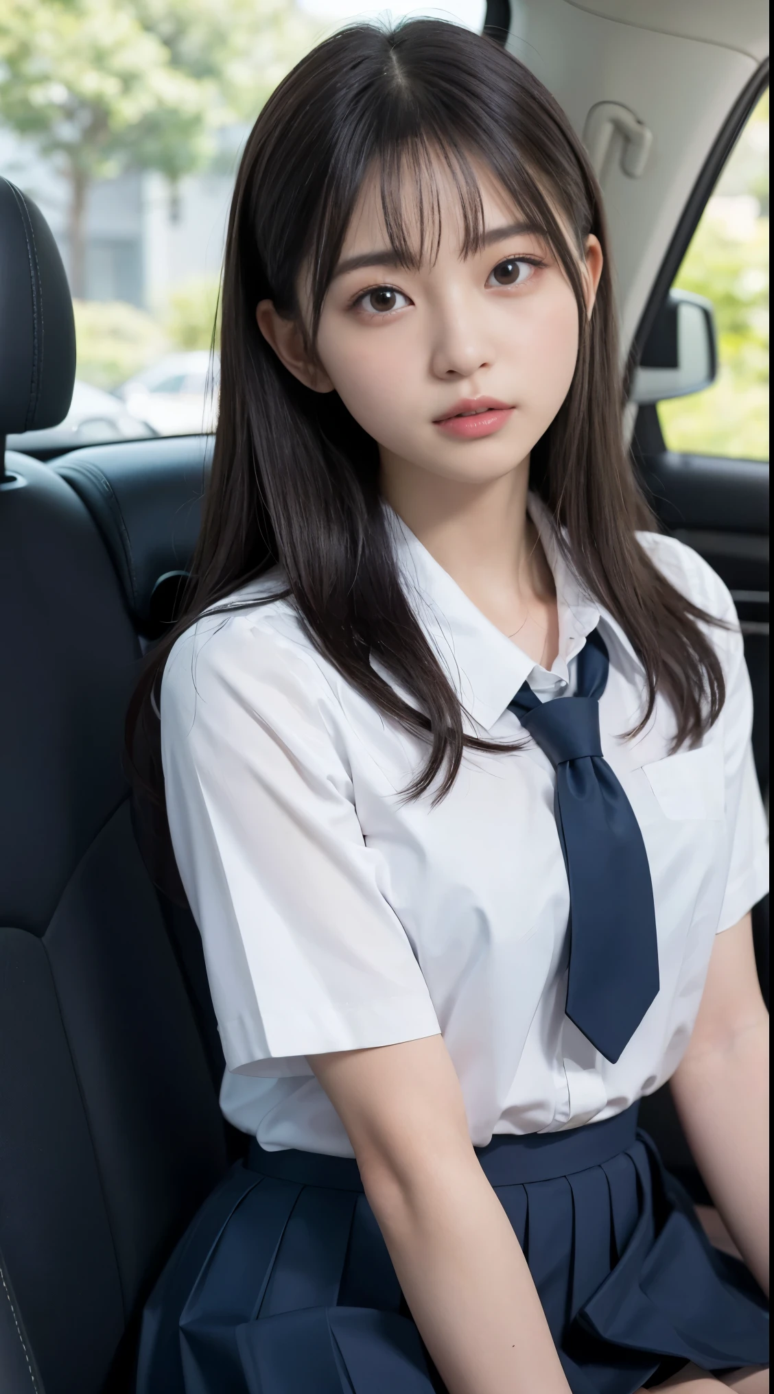 (masterpiece, highest quality:1.2), 8K, 18-year-old, 85mm, official art, RAW photo, embarrassing, Please take off half of your white shirt, upper body full nude, Biolace,Transcendently beautiful face、 gardenia, beautiful girl, school uniform, (navy pleated skirt:1.1), cinch waist, thighs, short sleeve, Standing in the car, looking at the viewer, no makeup, (smile:0.4), film grain, chromatic aberration, sharp focus, face light, clear lighting, Ten generations, detailed face, background bokeh, (Dark red tie:1.1)