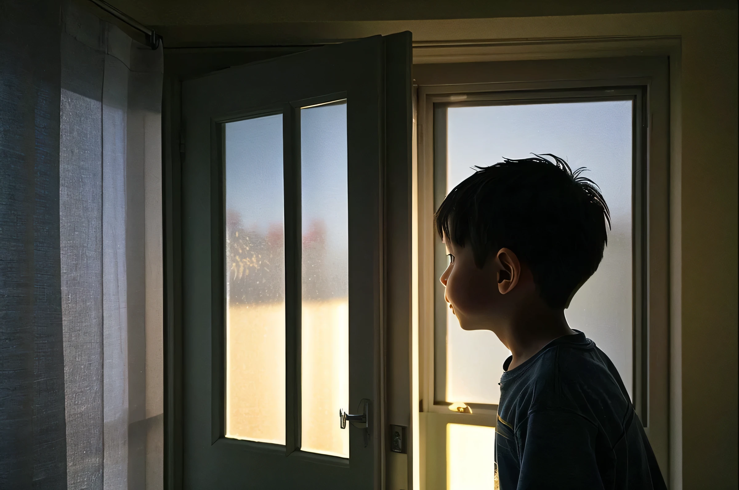 11Photo of a 1-year-old boy looking outside from inside his room。profile。Morning light shines into the room。