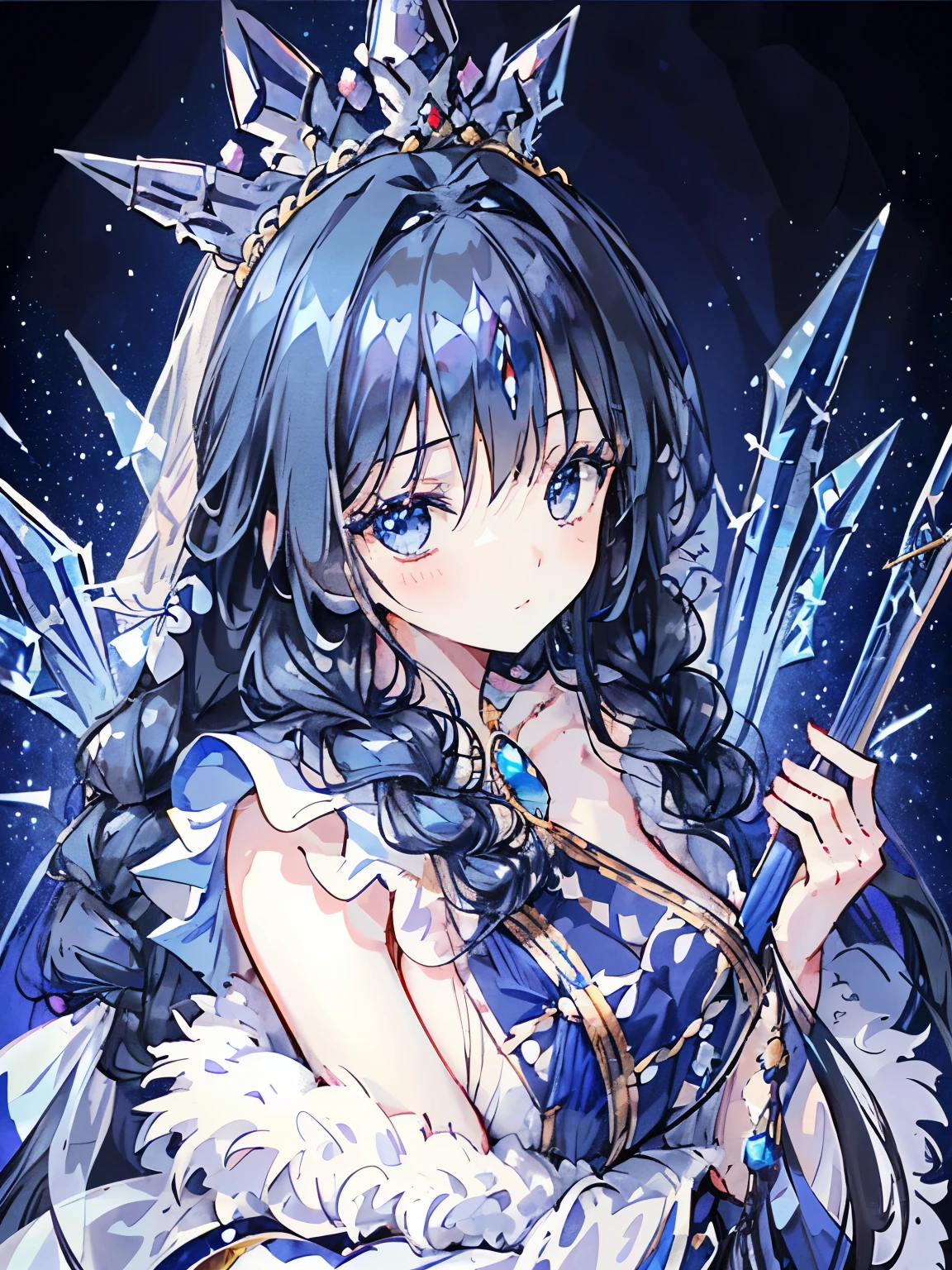 girl,((fluffy black hair)),((long permed hair)),((loosely braided:1.2)),((Lapis lazuli crown with blue veil:1.2)),((noble atmosphere)),cute,close up of face,(crown background:1.3),((blue emperor:1.4)),((luxurious and gorgeous sexy dress:1.2)),((Finely decorated crystal wand:1.3)),Angle from directly above