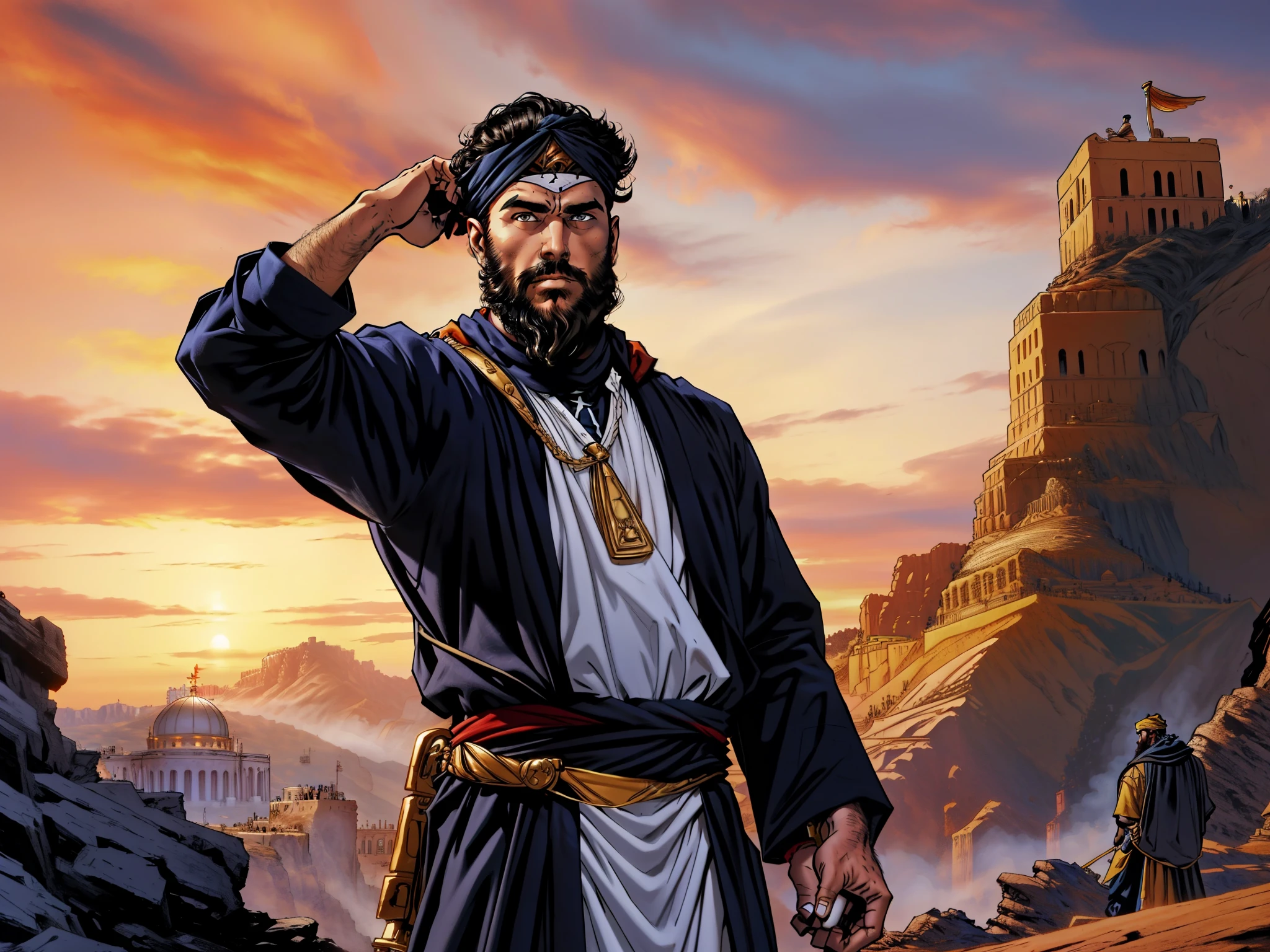 an adult man with a beard and black hair with his hand on his head. On his head there is a turban. In the background there is a servant. biblical costumes. biblical clothing. biblical style. Epic setting.