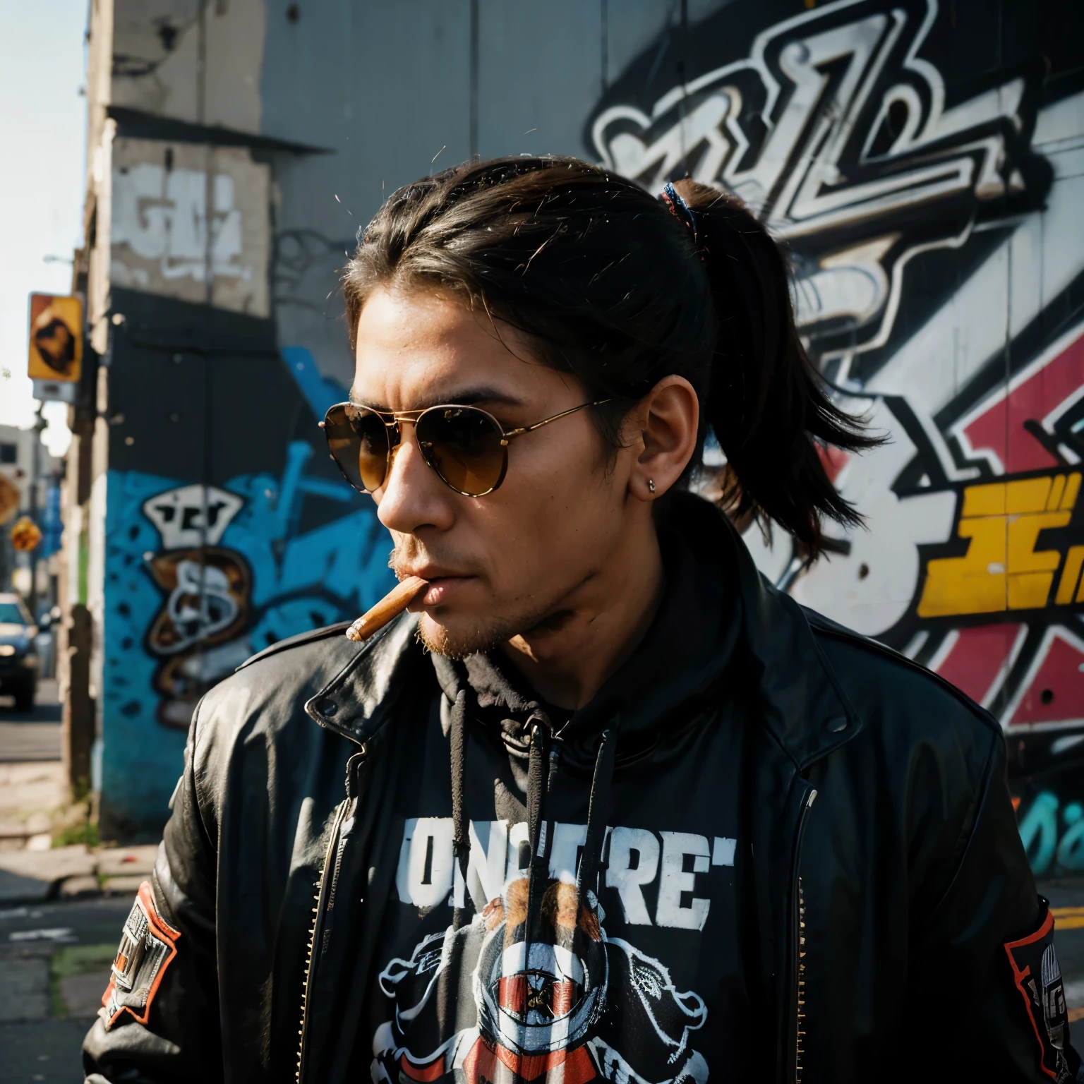 (highres:1.2),portrait,monkey,smoking,harley davidson motorcycle,urban setting,graffiti wall,quiet atmosphere,curious expression,stylish sunglasses,urban art scene,vivid colors,contrast lighting,focused gaze,cool attitude,harmony between the monkey and the motorcycle,expressive eyes,urban street culture,attention-grabbing composition,street art flair,evoking a sense of mystery,masterpiece:1.2