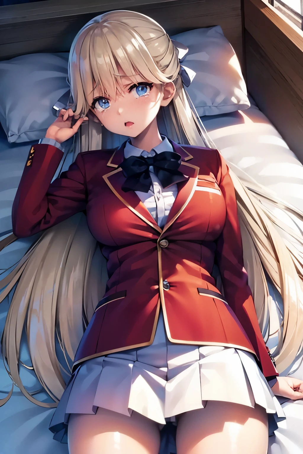 vmasterpiece, top-quality, highres, 1girl tsubasa nanase blonde hair blue eyes, school uniform red jacket white shirt white skirt white ribbon 、looking at the viewers,BREAK (masutepiece:1.2), Best Quality, High resolution, Unity 8k壁纸, (Illustration:0.8), (Beautiful detailed eyes:1.6), extra detailed face, Perfect Lighting, extremely details CG, (Perfect hands, Perfect Anatomy), (Crying face:1.3)、 NSFW,Normal bit,(Missionary position),Lying in bed,bird’s eye view),(Spread legs),(Sleep on your back:1.5),(Girl trembling with sexual climax)