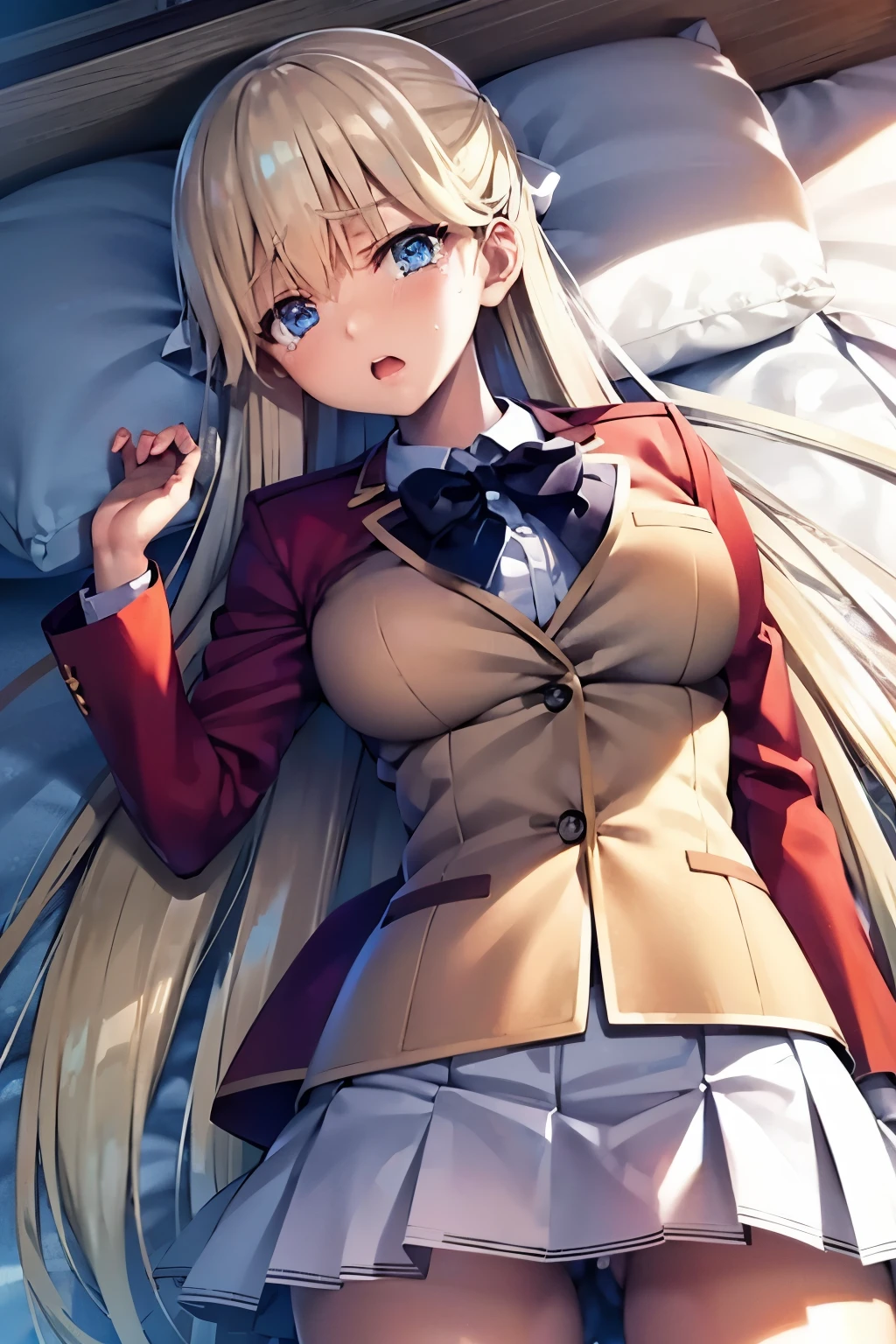 vmasterpiece, top-quality, highres, 1girl tsubasa nanase blonde hair blue eyes, school uniform red jacket white shirt white skirt white ribbon 、looking at the viewers,BREAK (masutepiece:1.2), Best Quality, High resolution, Unity 8k壁纸, (Illustration:0.8), (Beautiful detailed eyes:1.6), extra detailed face, Perfect Lighting, extremely details CG, (Perfect hands, Perfect Anatomy), (Crying face:1.3)、 NSFW,Normal bit,(Missionary position),Lying in bed,bird’s eye view),(Spread legs),(Sleep on your back:1.5),(Girl trembling with sexual climax)